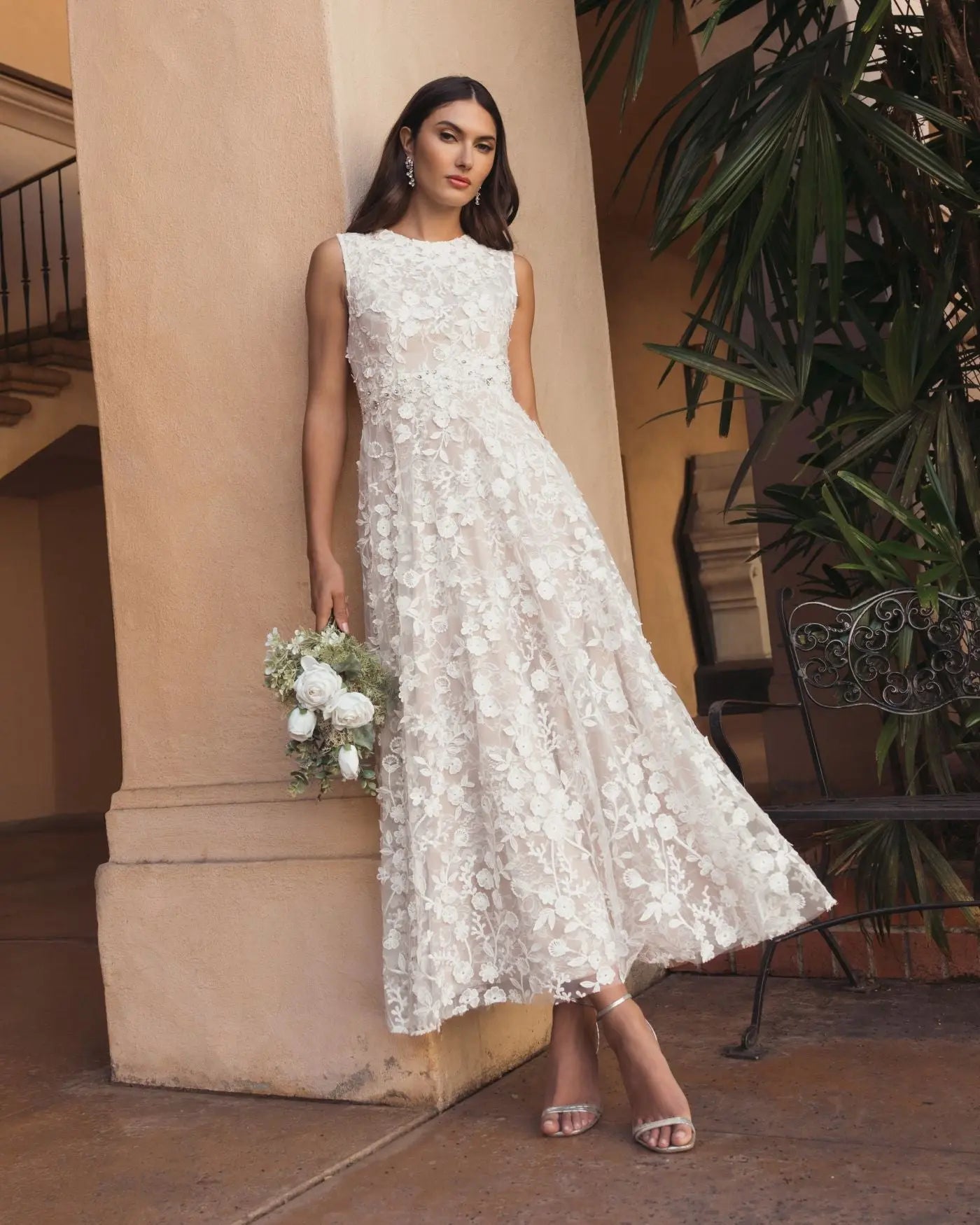 Ivory Floral Embroidered High Neck Midi Dress-Myartka