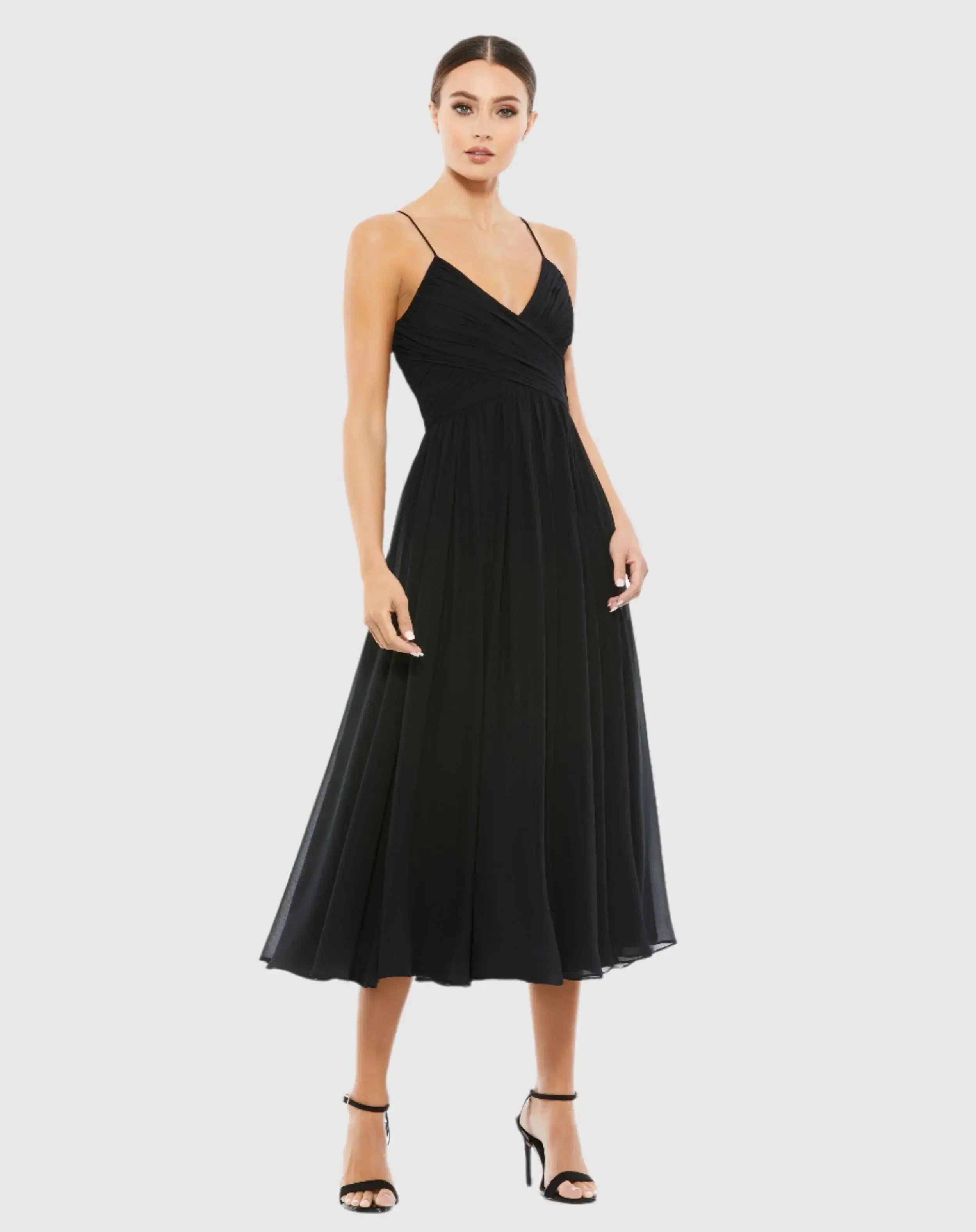 Black Faux Wrap Sleeveless Flowy Midi Dress-Myartka