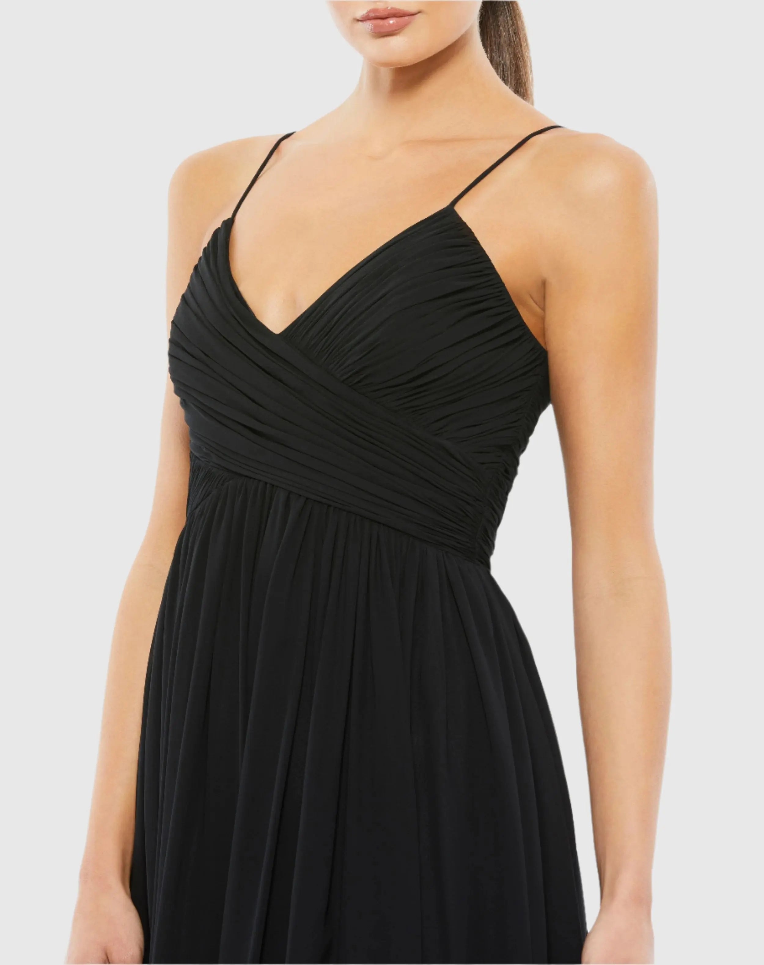 Black Faux Wrap Sleeveless Flowy Midi Dress-Myartka