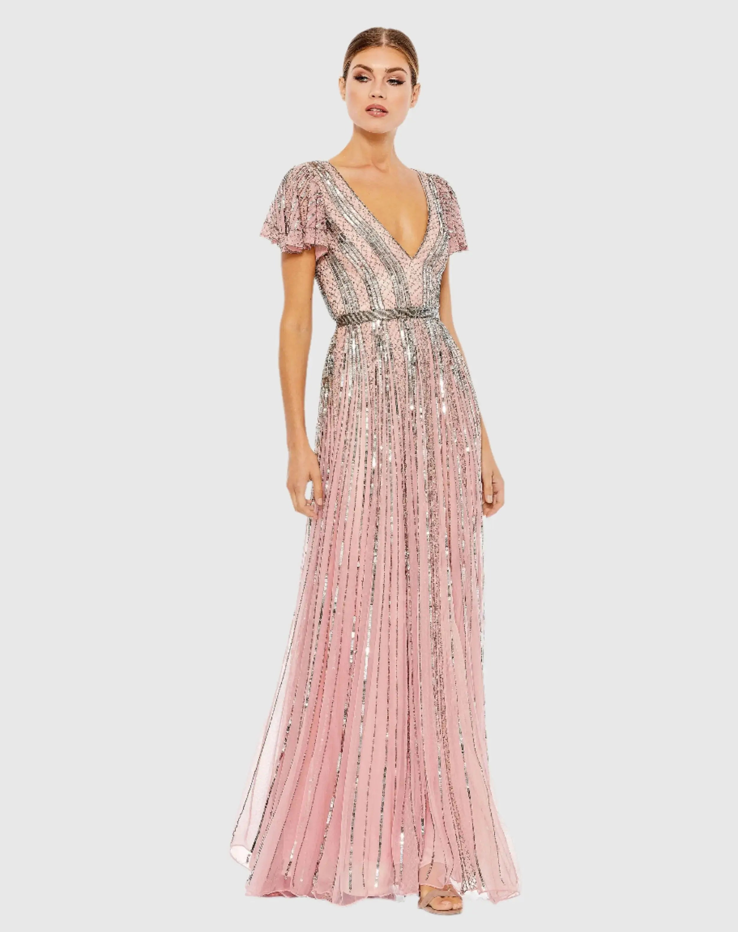 Stripe Sequin V-Neck Gown-Myartka