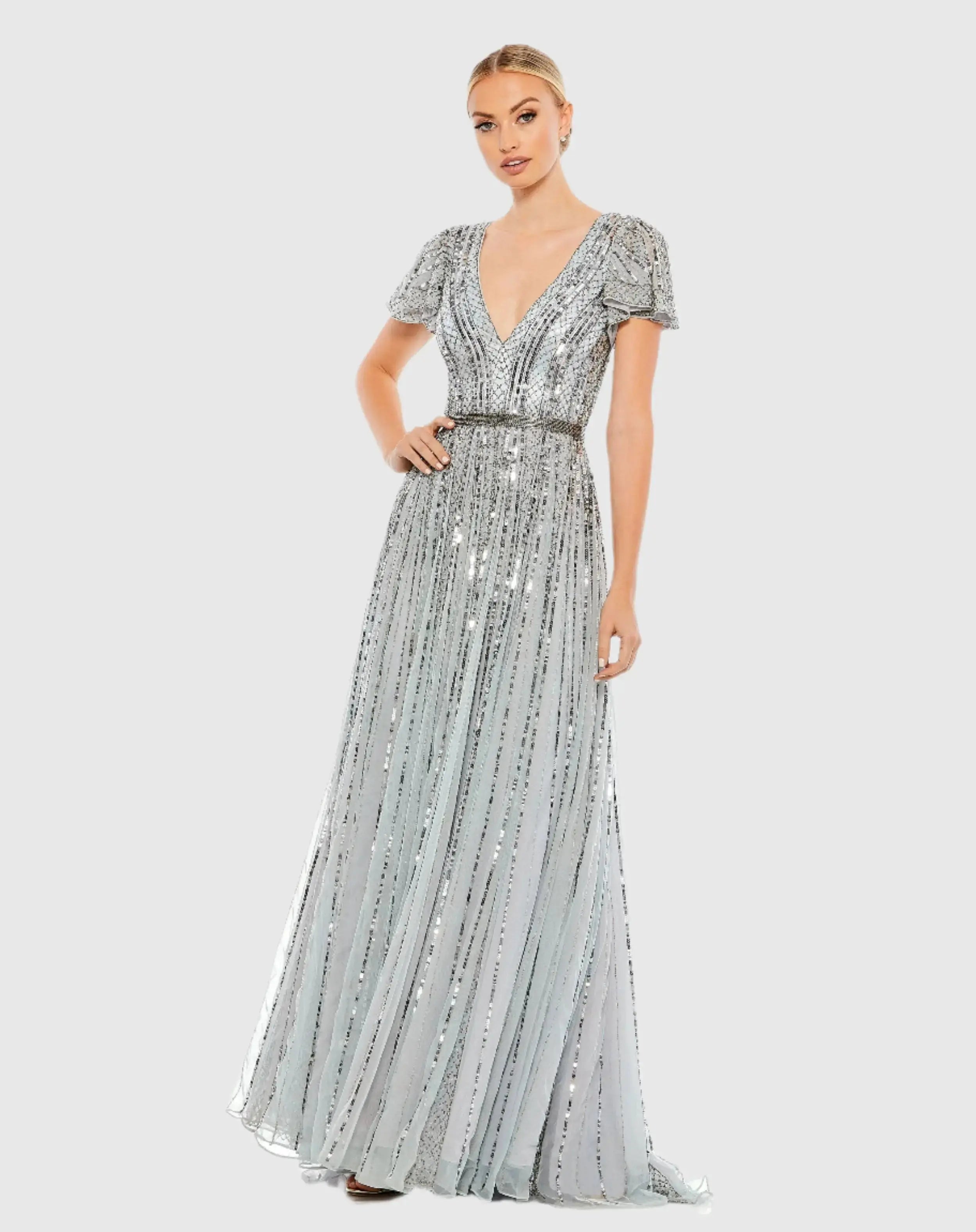 Stripe Sequin V-Neck Gown-Myartka