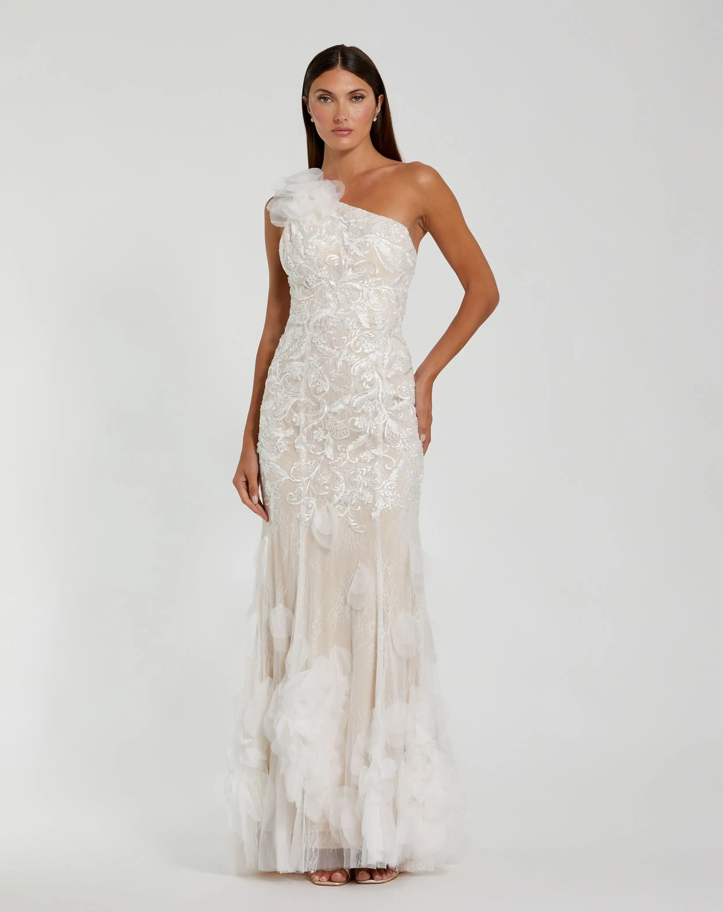 White Beaded Strappy One Shoulder Petal Mermaid Gown-Myartka