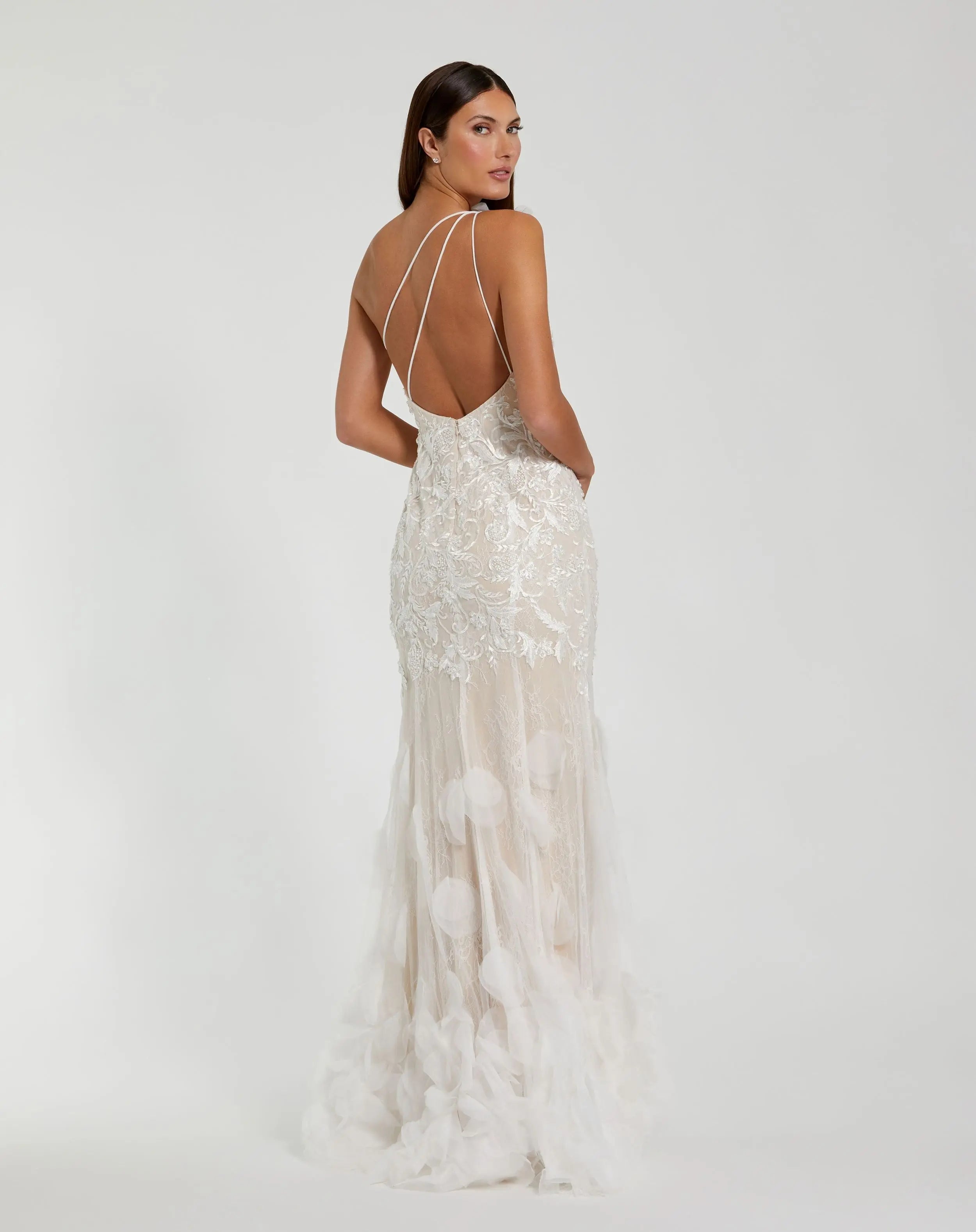White Beaded Strappy One Shoulder Petal Mermaid Gown-Myartka
