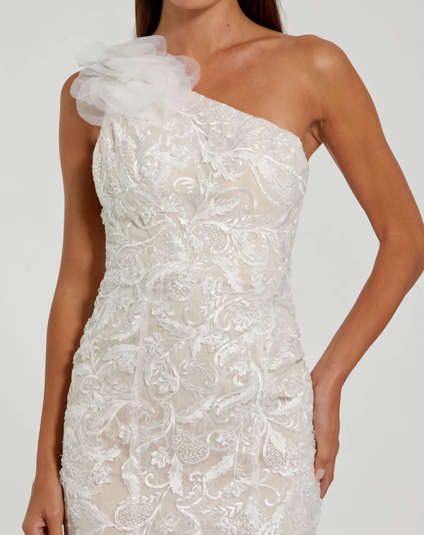 White Beaded Strappy One Shoulder Petal Mermaid Gown-Myartka