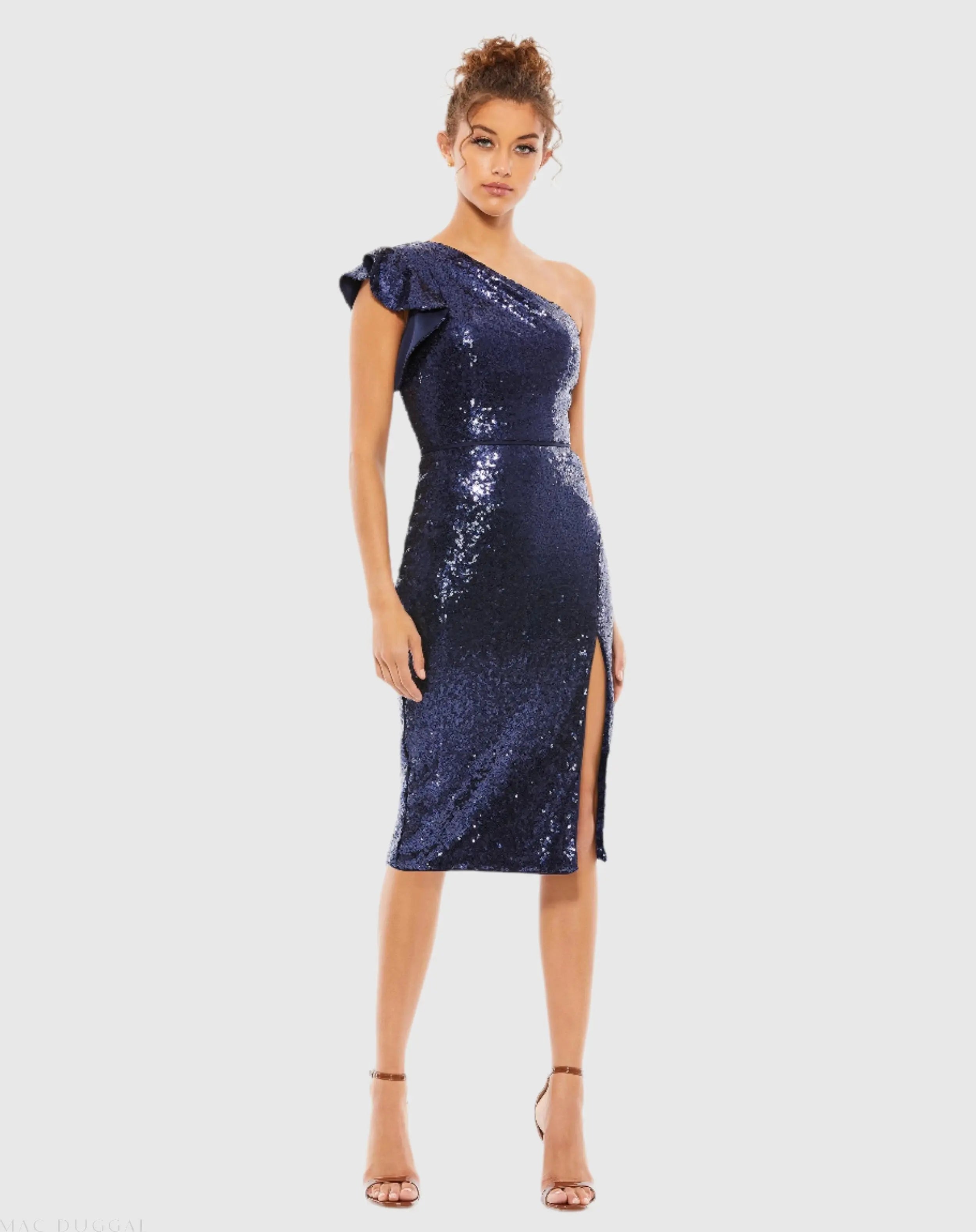 Sequined Flutter One Shoulder Fitted Midi Dress-Myartka