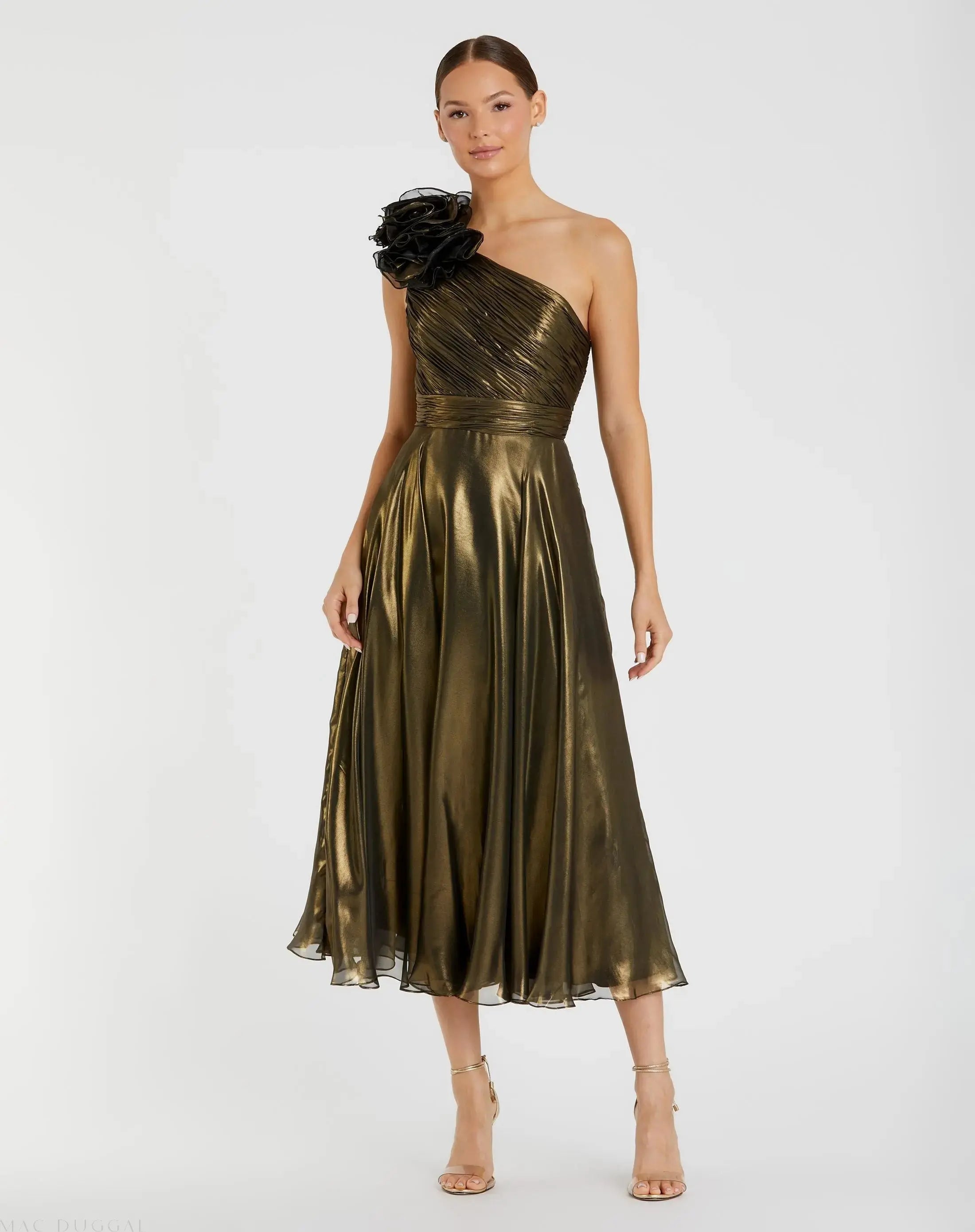 Gold Rosette One Shoulder Tea Length Dress-Myartka