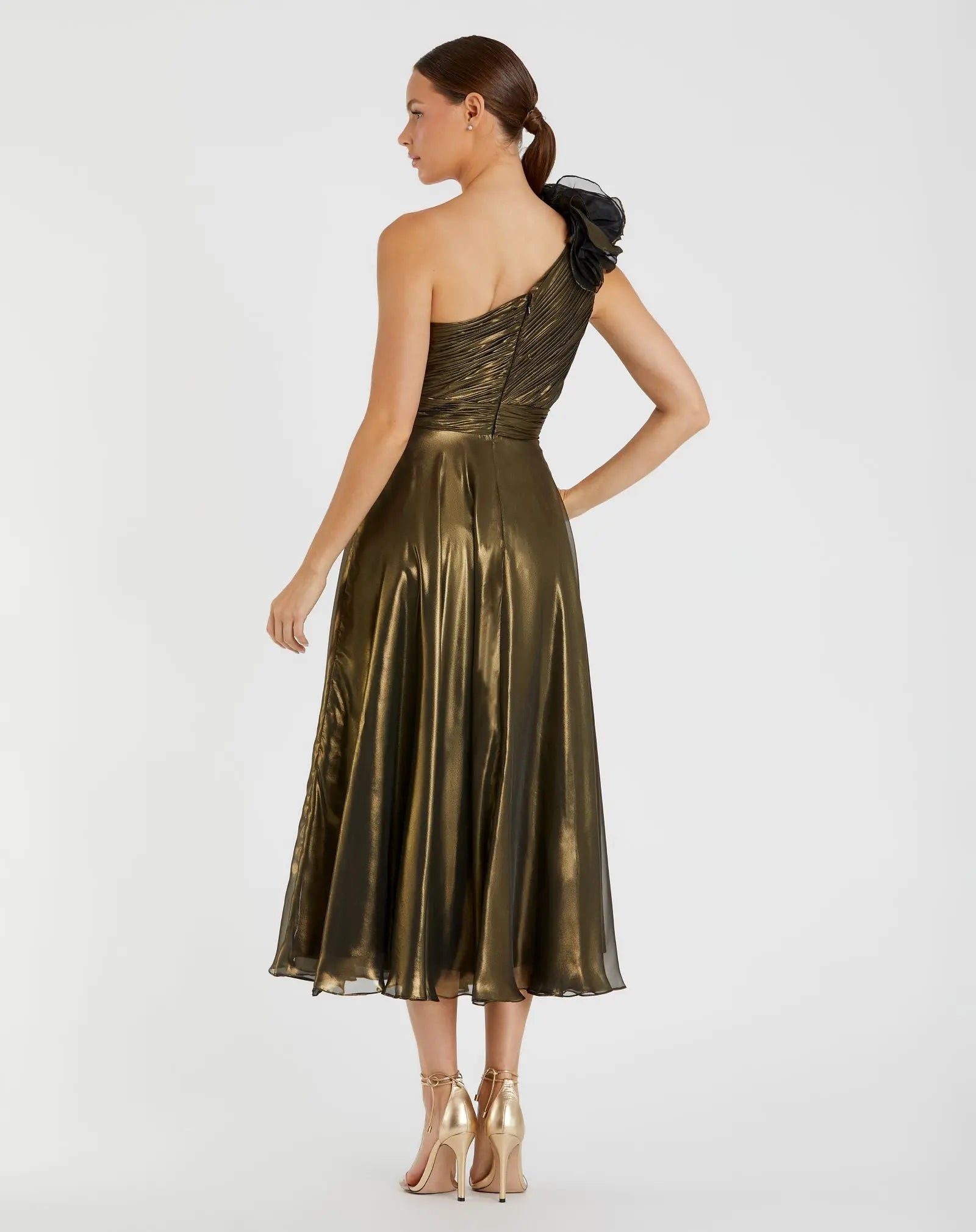 Gold Rosette One Shoulder Tea Length Dress-Myartka
