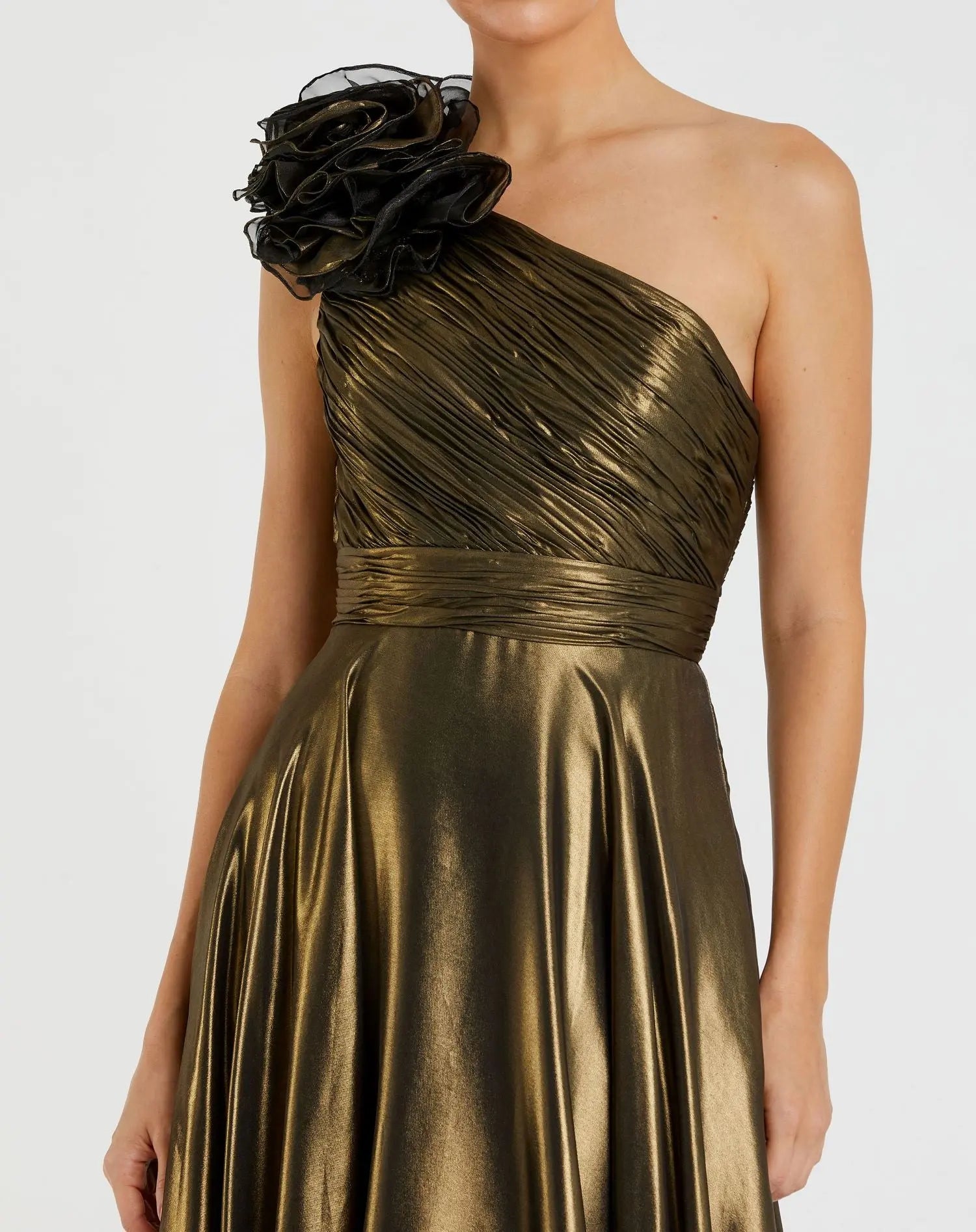 Gold Rosette One Shoulder Tea Length Dress-Myartka