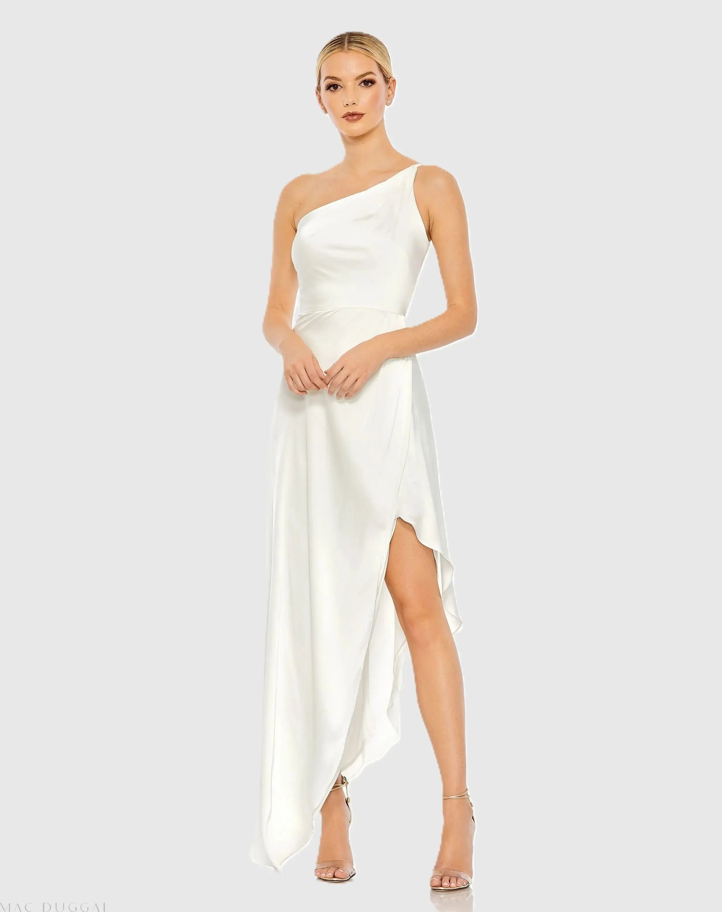 White One Shoulder Hi-Low Draped Charmeuse Dress - FINAL SALE-Myartka