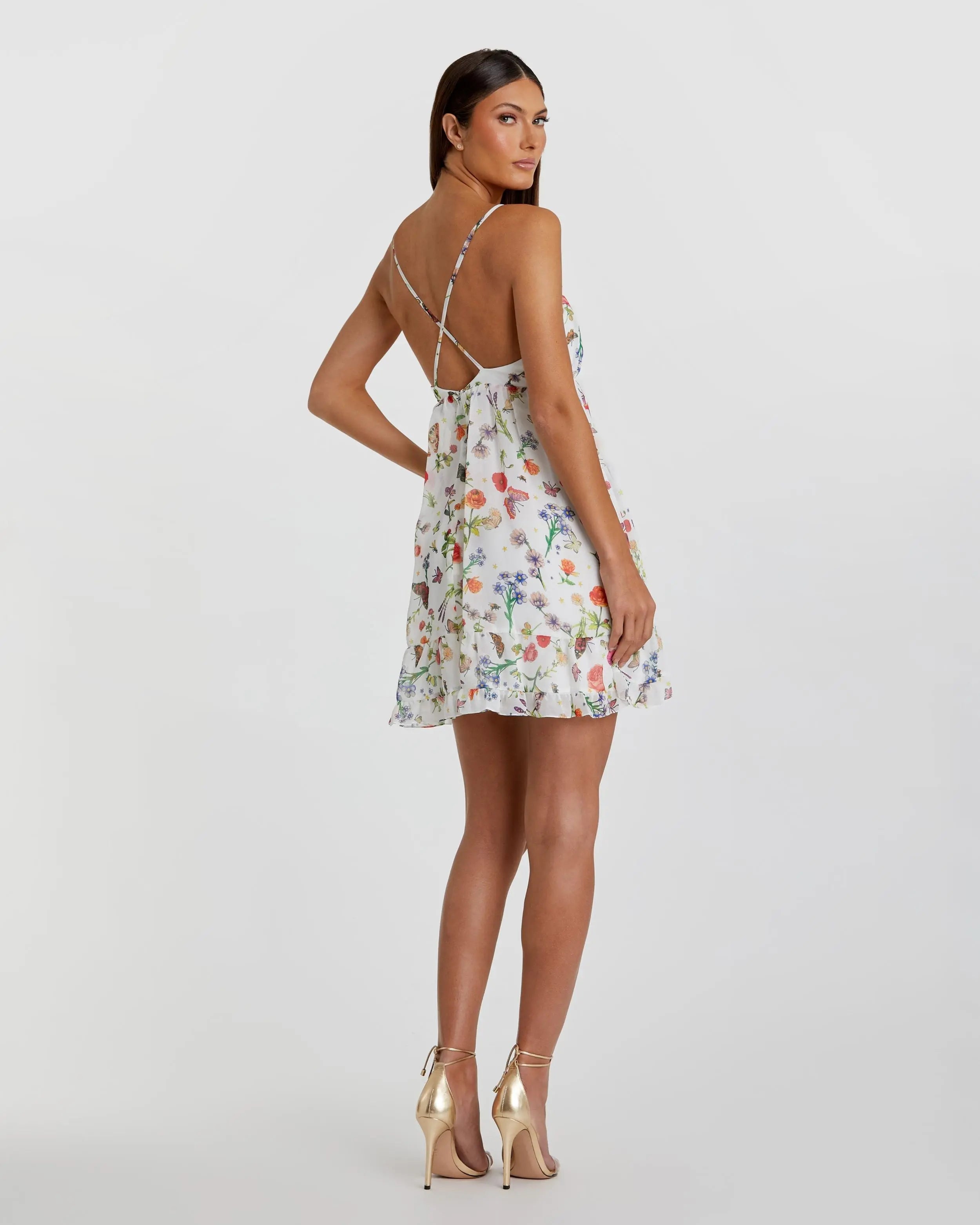 White Butterfly Print Ruffle Hem Mini Dress-Myartka