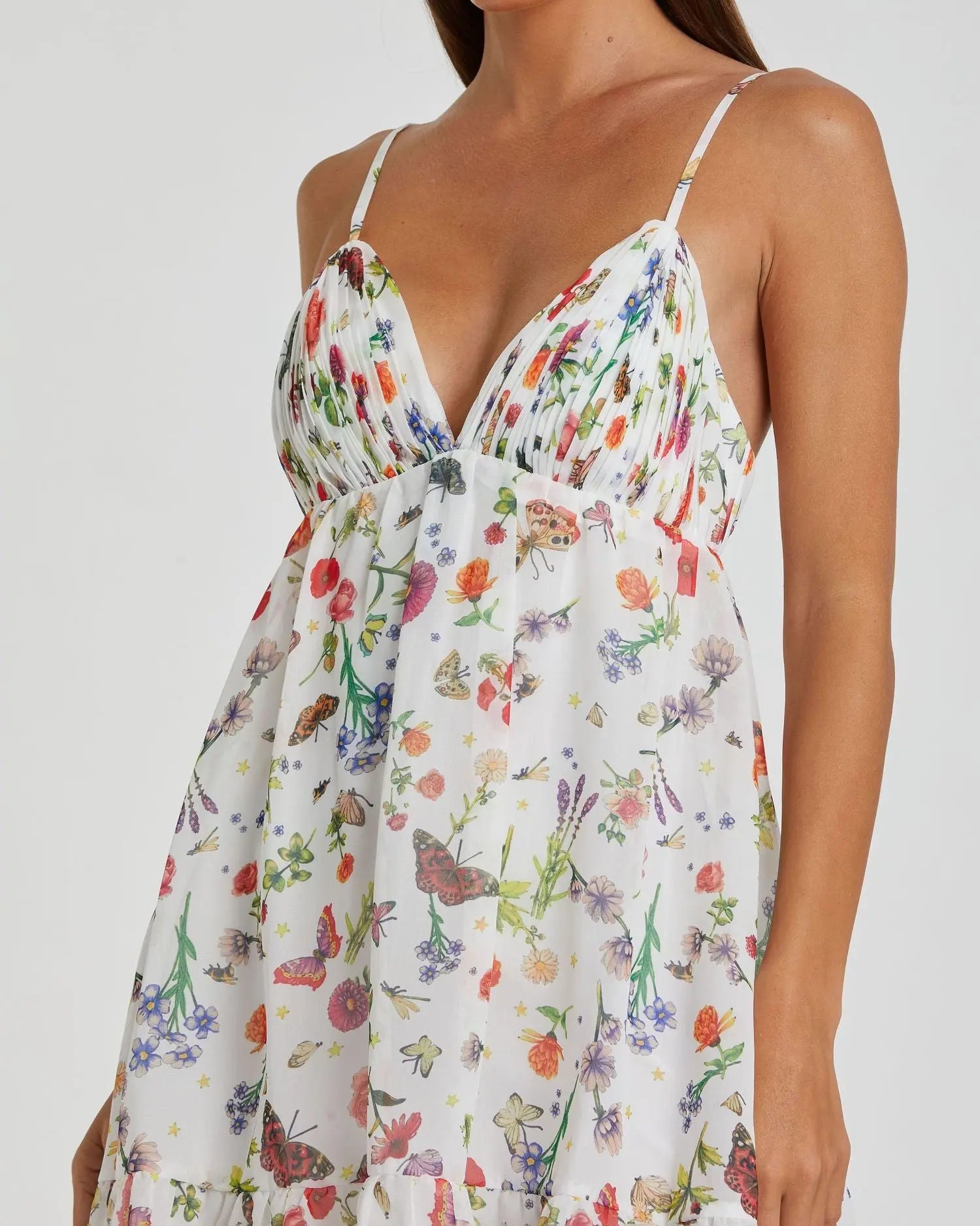 White Butterfly Print Ruffle Hem Mini Dress-Myartka