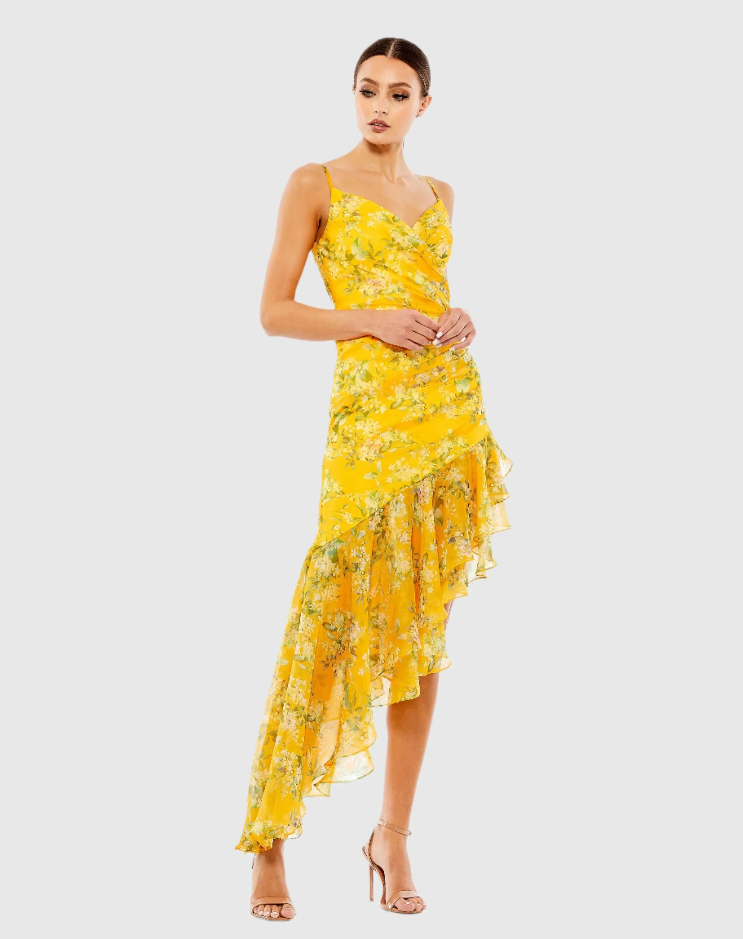 Yellow Floral Ruffle Asymmetrical Hi Low Hem Dress-Myartka