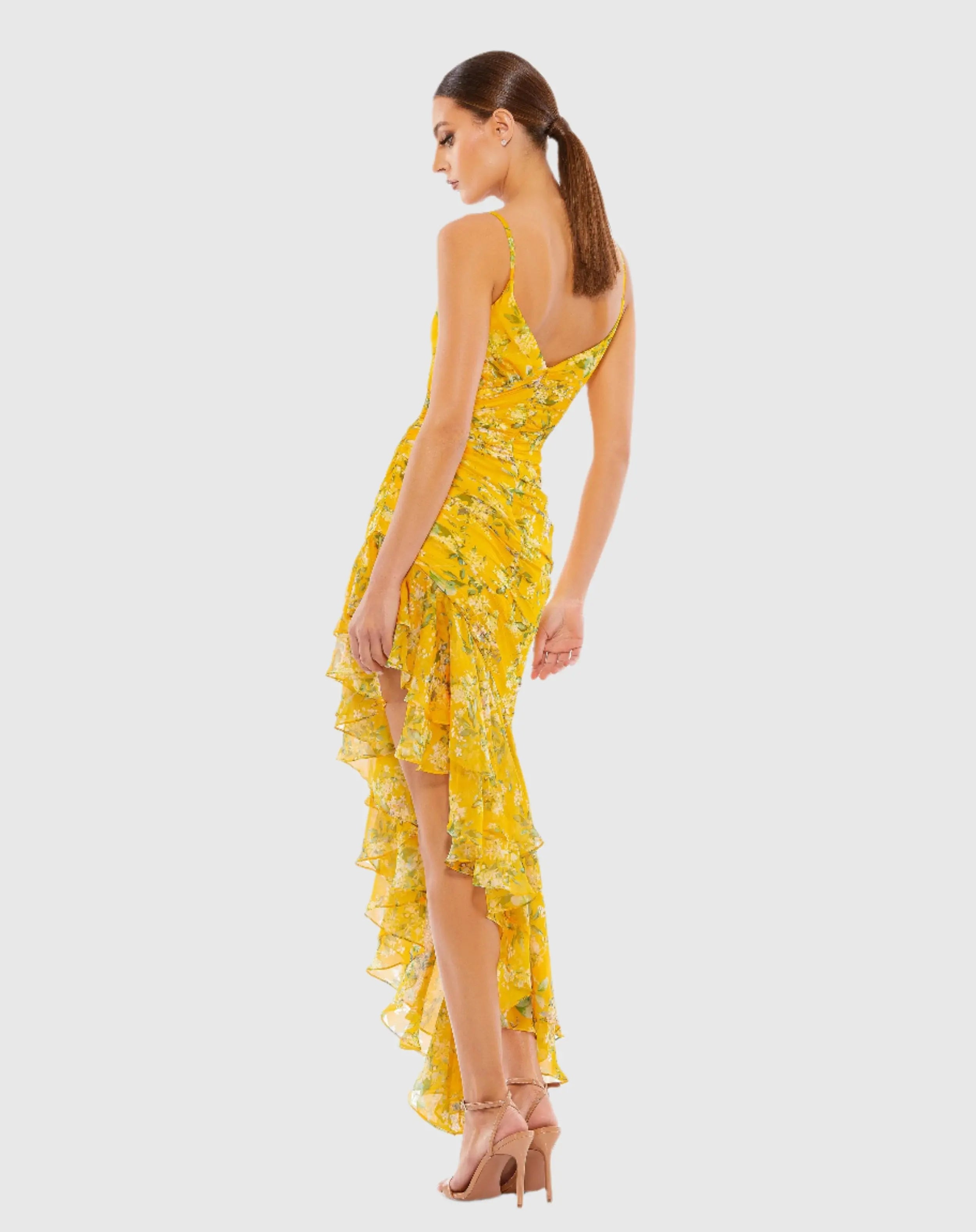 Yellow Floral Ruffle Asymmetrical Hi Low Hem Dress-Myartka