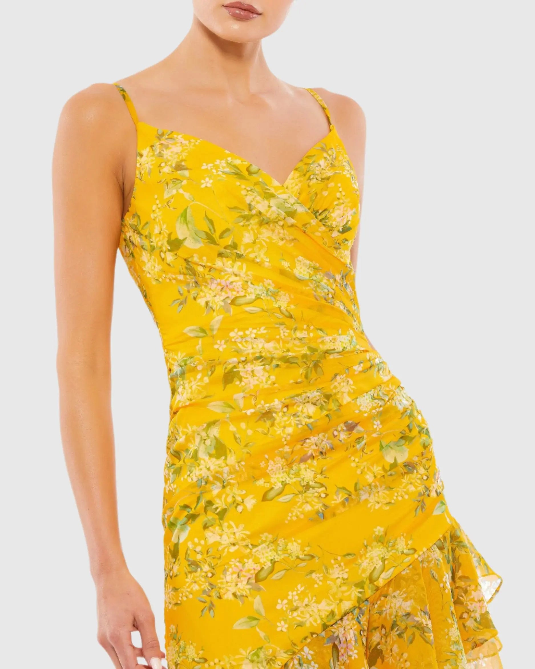 Yellow Floral Ruffle Asymmetrical Hi Low Hem Dress-Myartka
