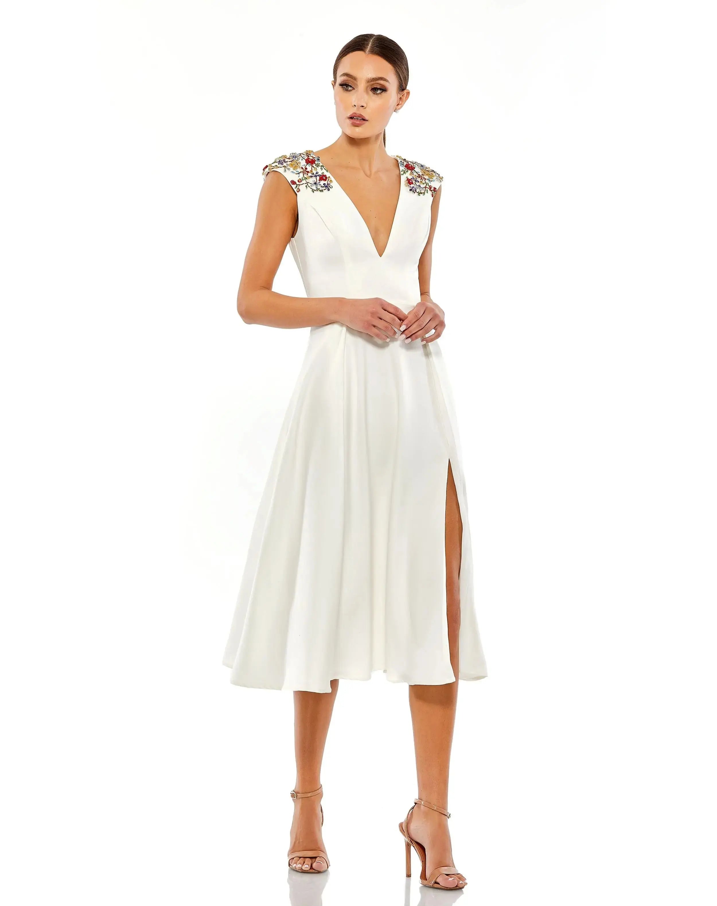 Beaded Cap Sleeve A Line Midi Dress-Myartka