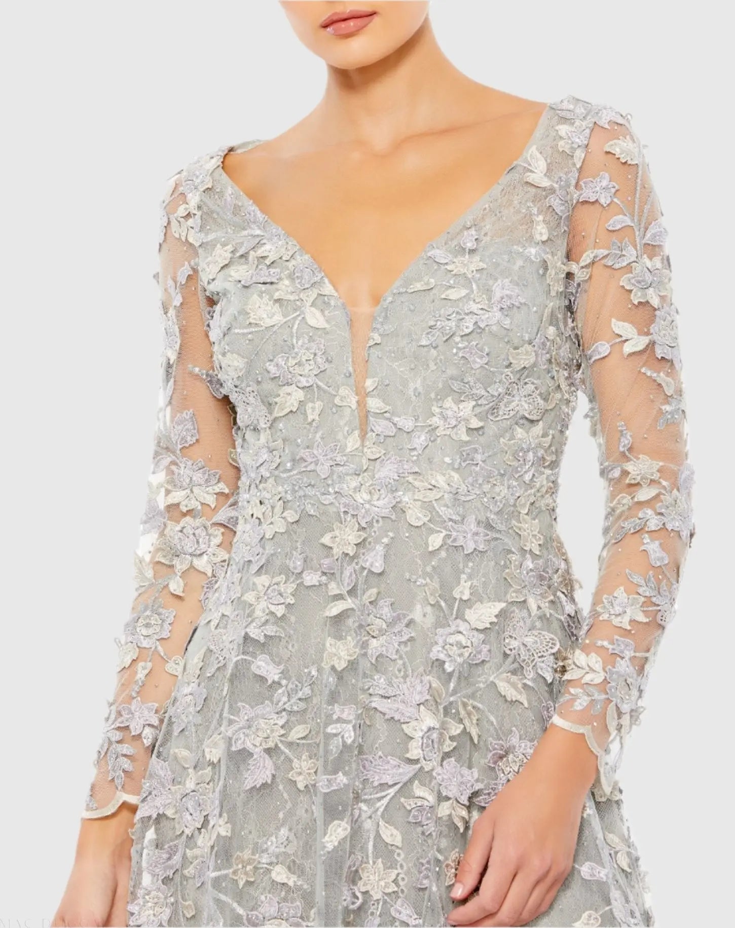 Gray Floral Applique Long Sleeve Illusion Gown-Myartka