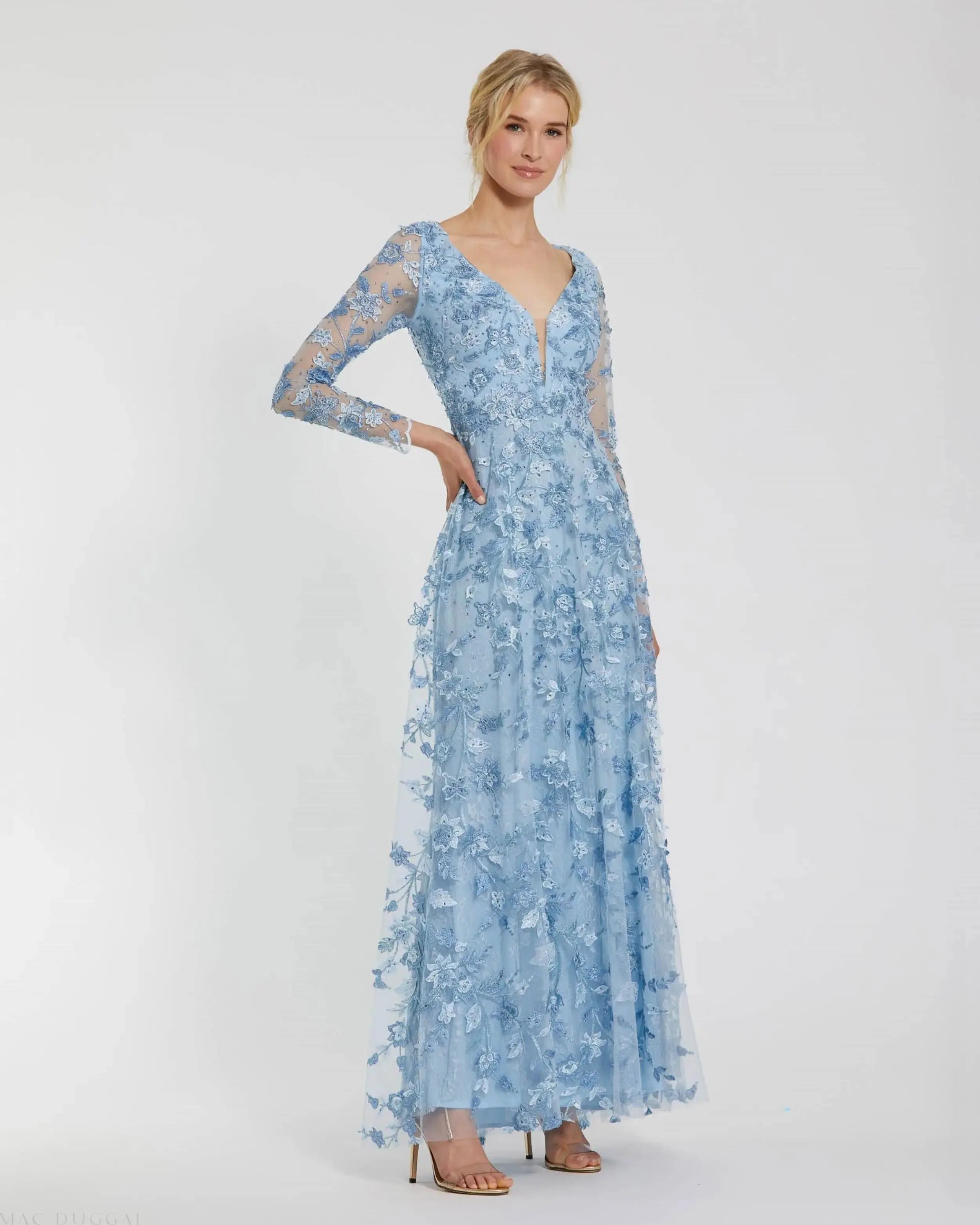 Blue Floral Applique Long Sleeve Illusion Gown-Myartka