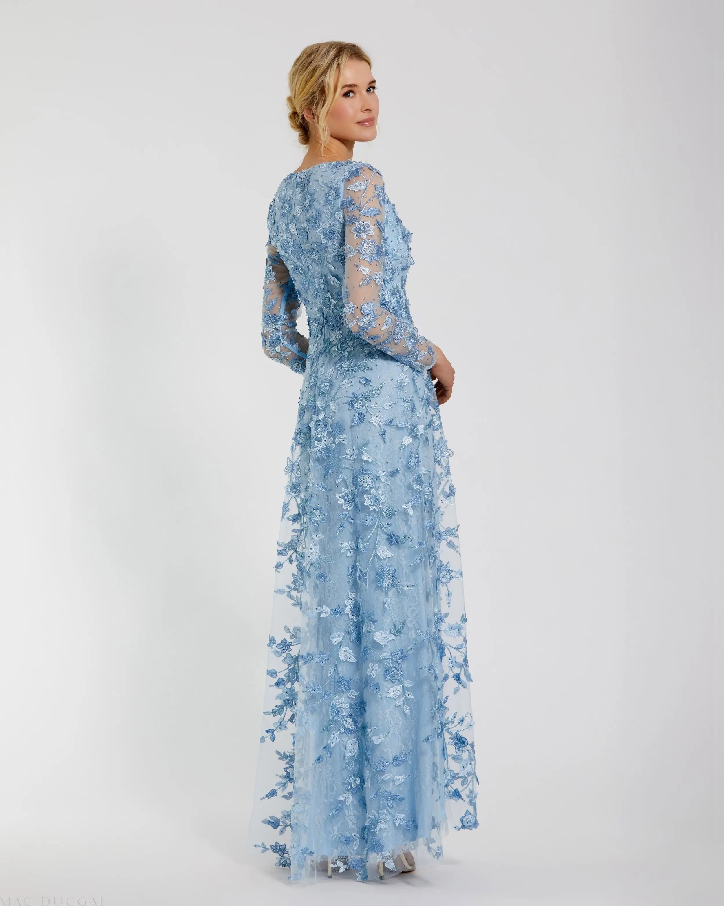 Blue Floral Applique Long Sleeve Illusion Gown-Myartka
