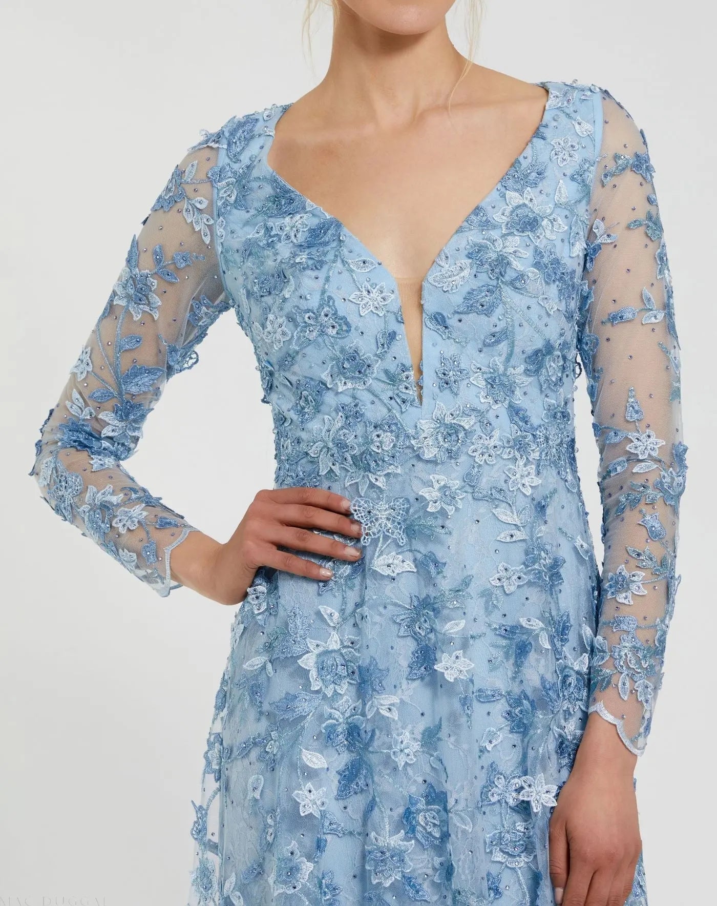 Blue Floral Applique Long Sleeve Illusion Gown-Myartka