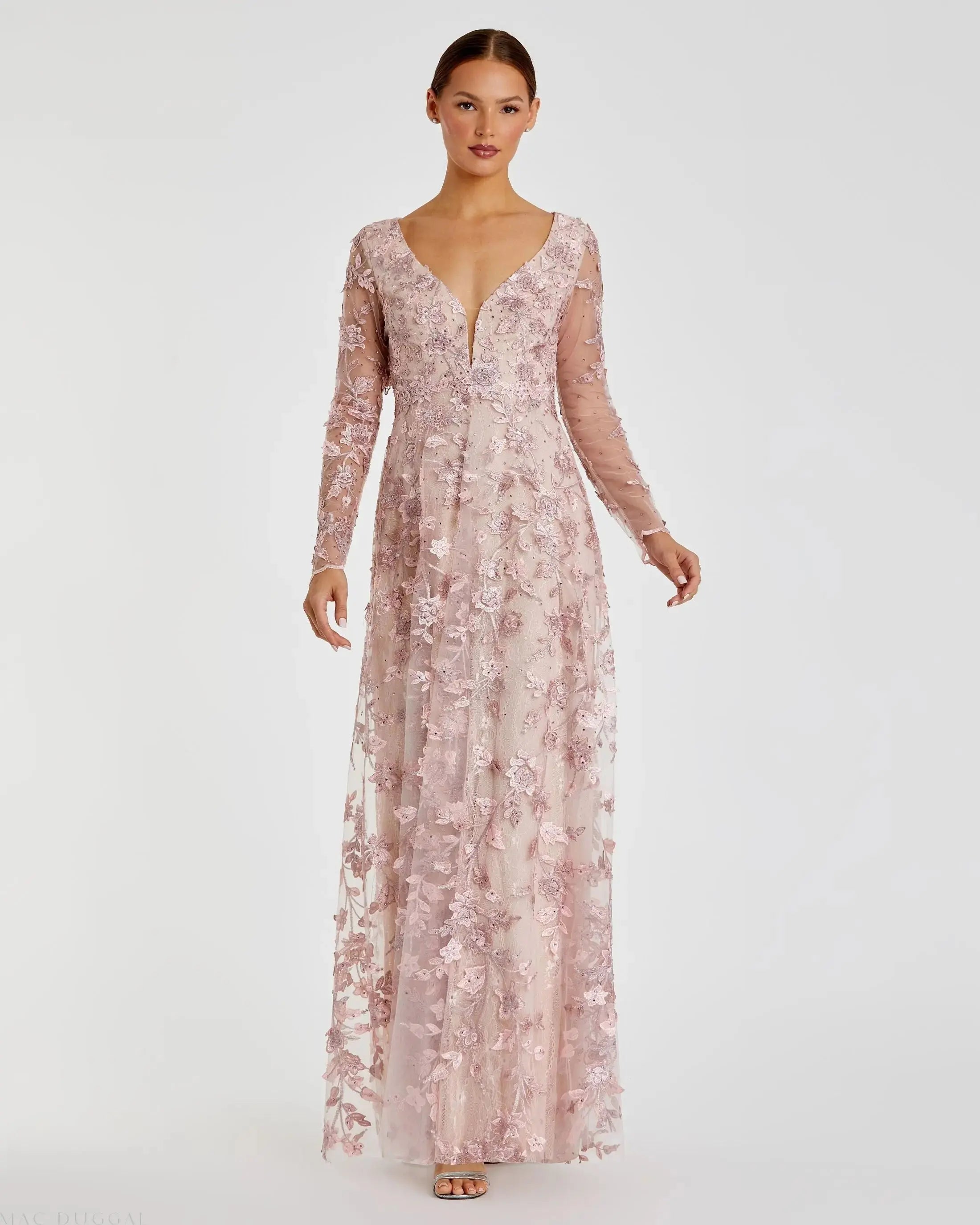 Pink Floral Applique Long Sleeve Illusion Gown-Myartka