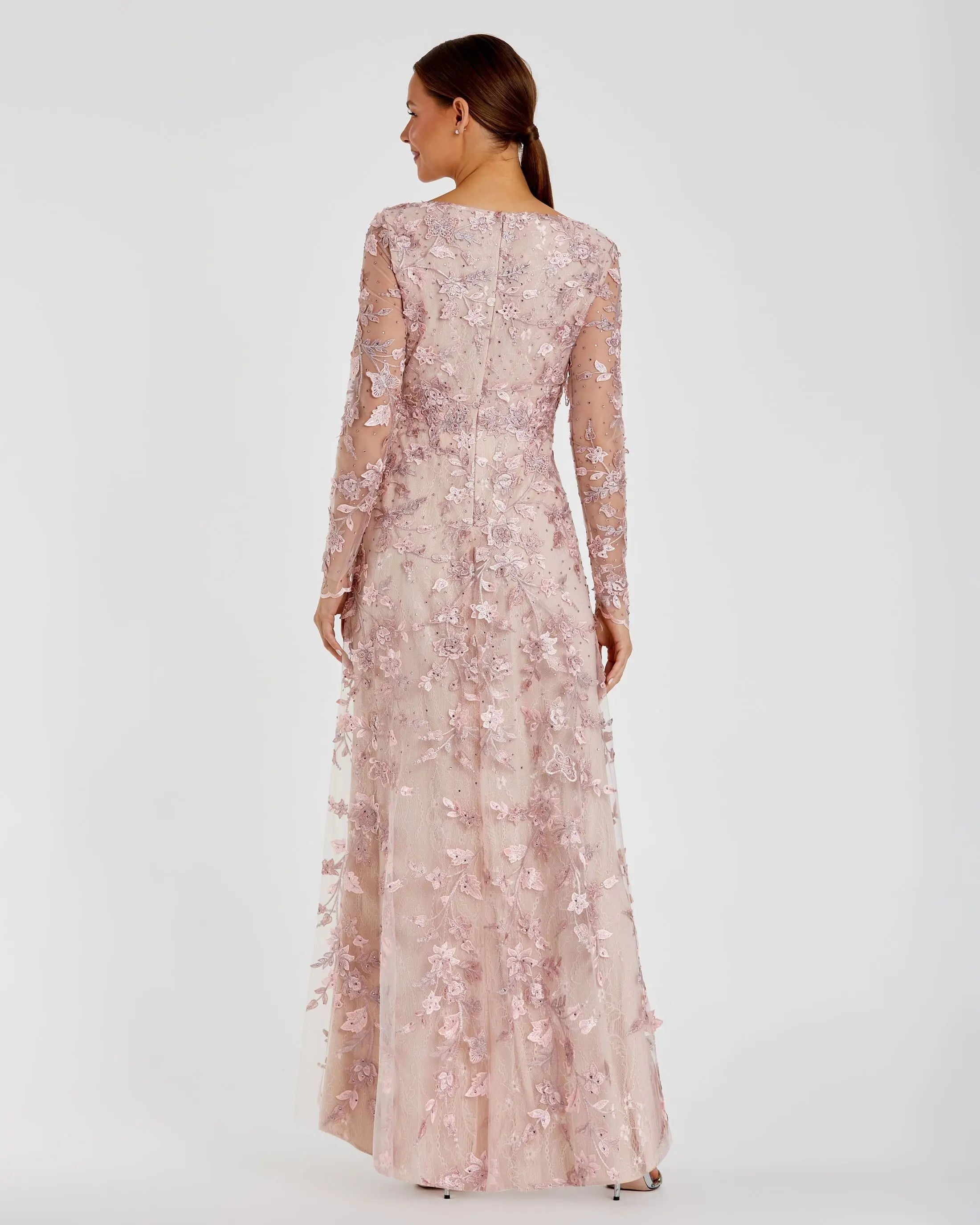 Pink Floral Applique Long Sleeve Illusion Gown-Myartka