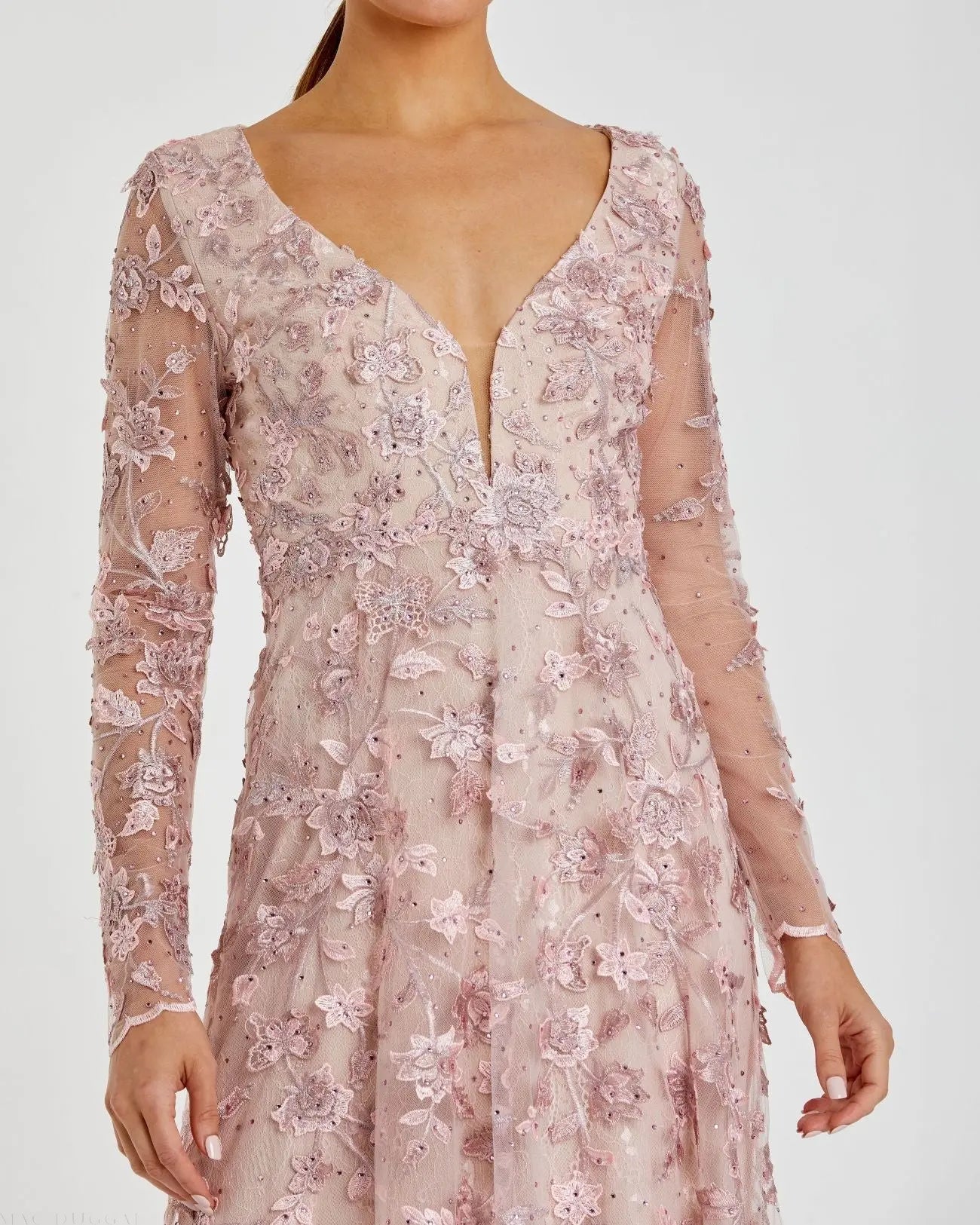 Pink Floral Applique Long Sleeve Illusion Gown-Myartka