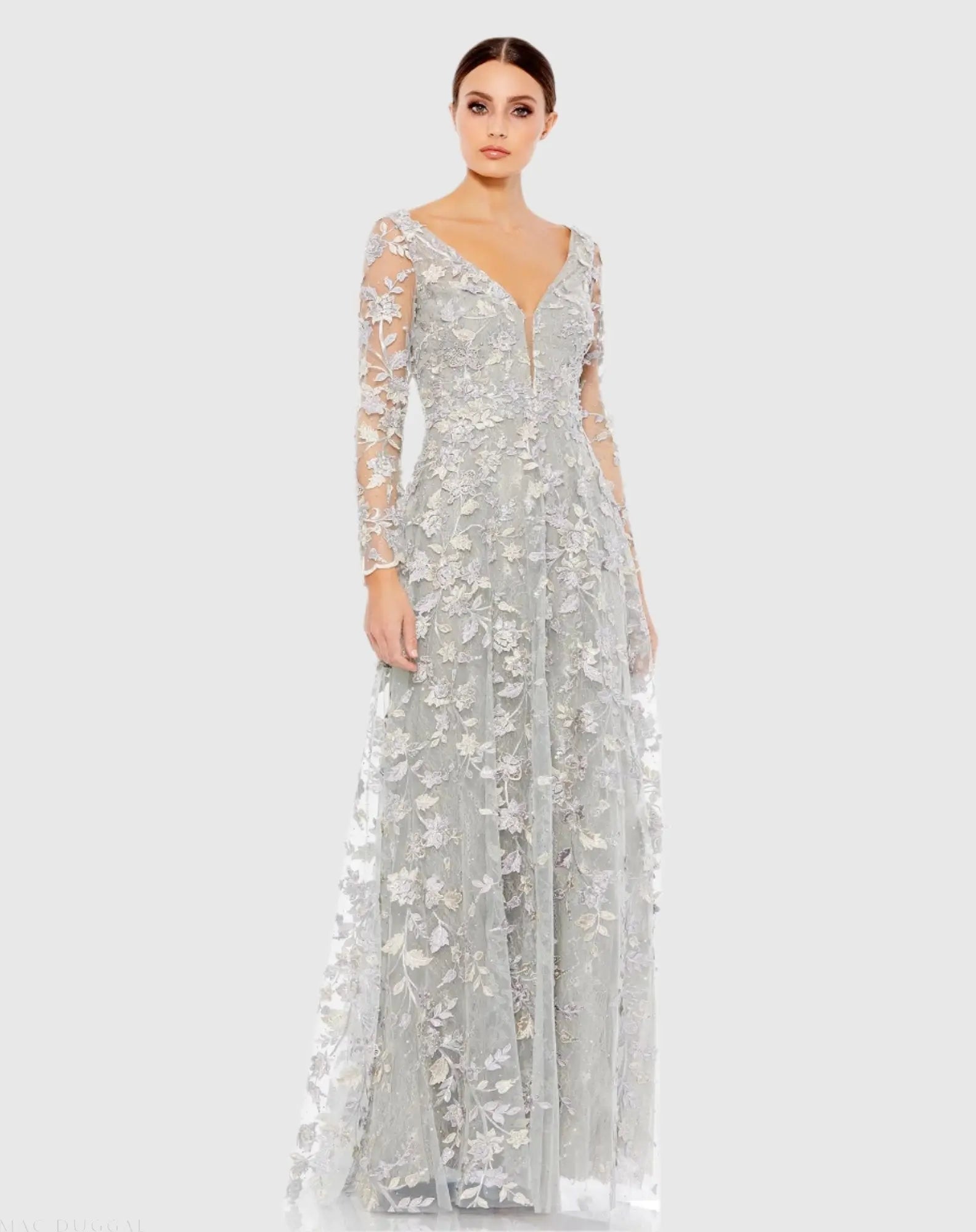 Gray Floral Applique Long Sleeve Illusion Gown-Myartka