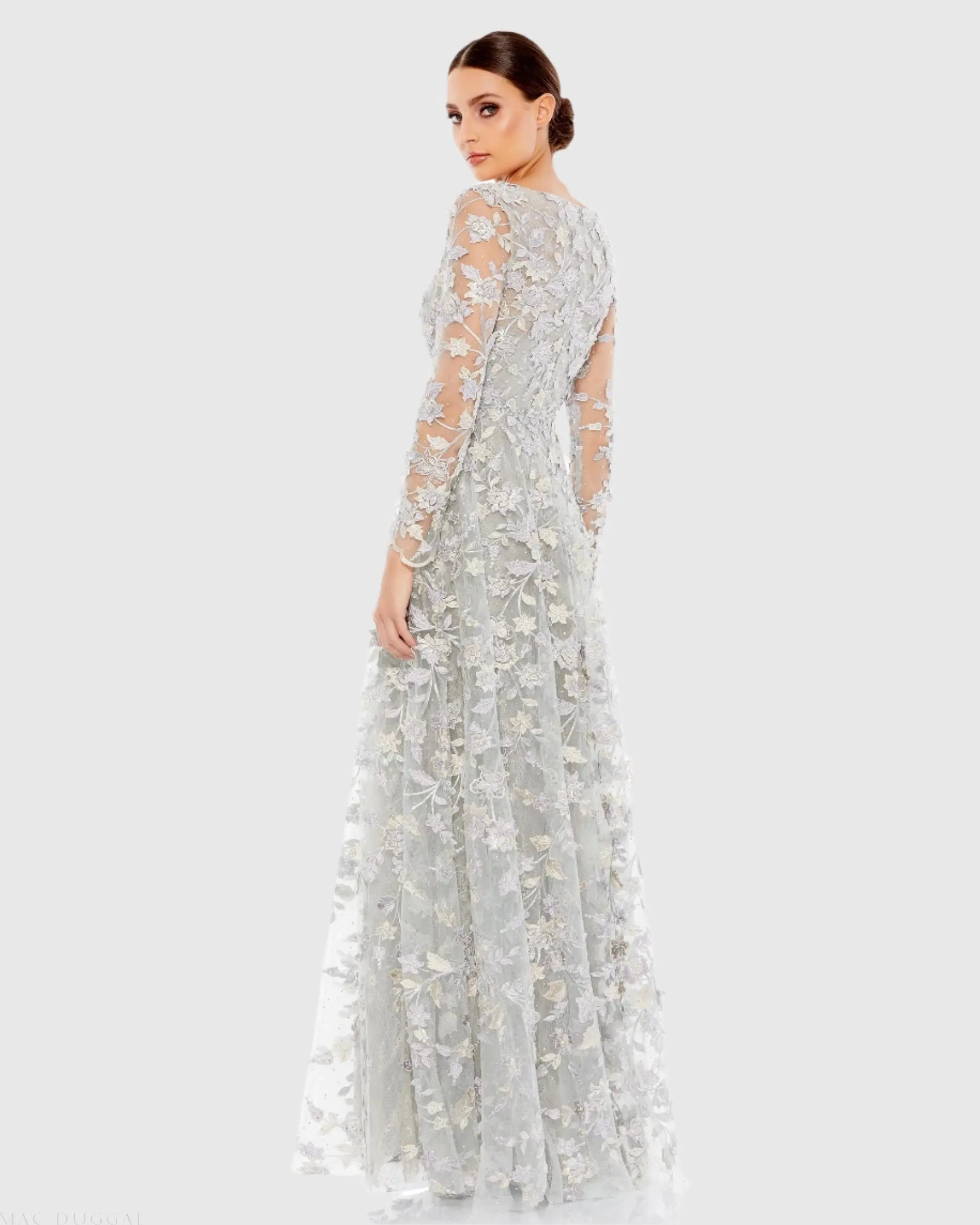 Gray Floral Applique Long Sleeve Illusion Gown-Myartka