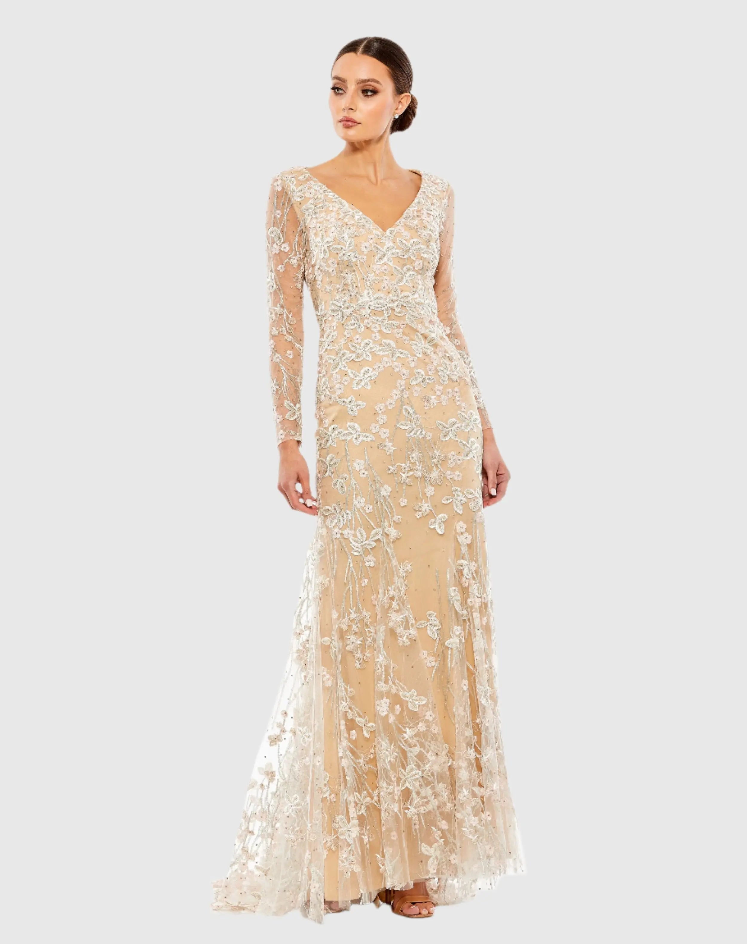Beige Embroidered V Neck Long Sleeve Trumpet Gown - FINAL SALE-Myartka