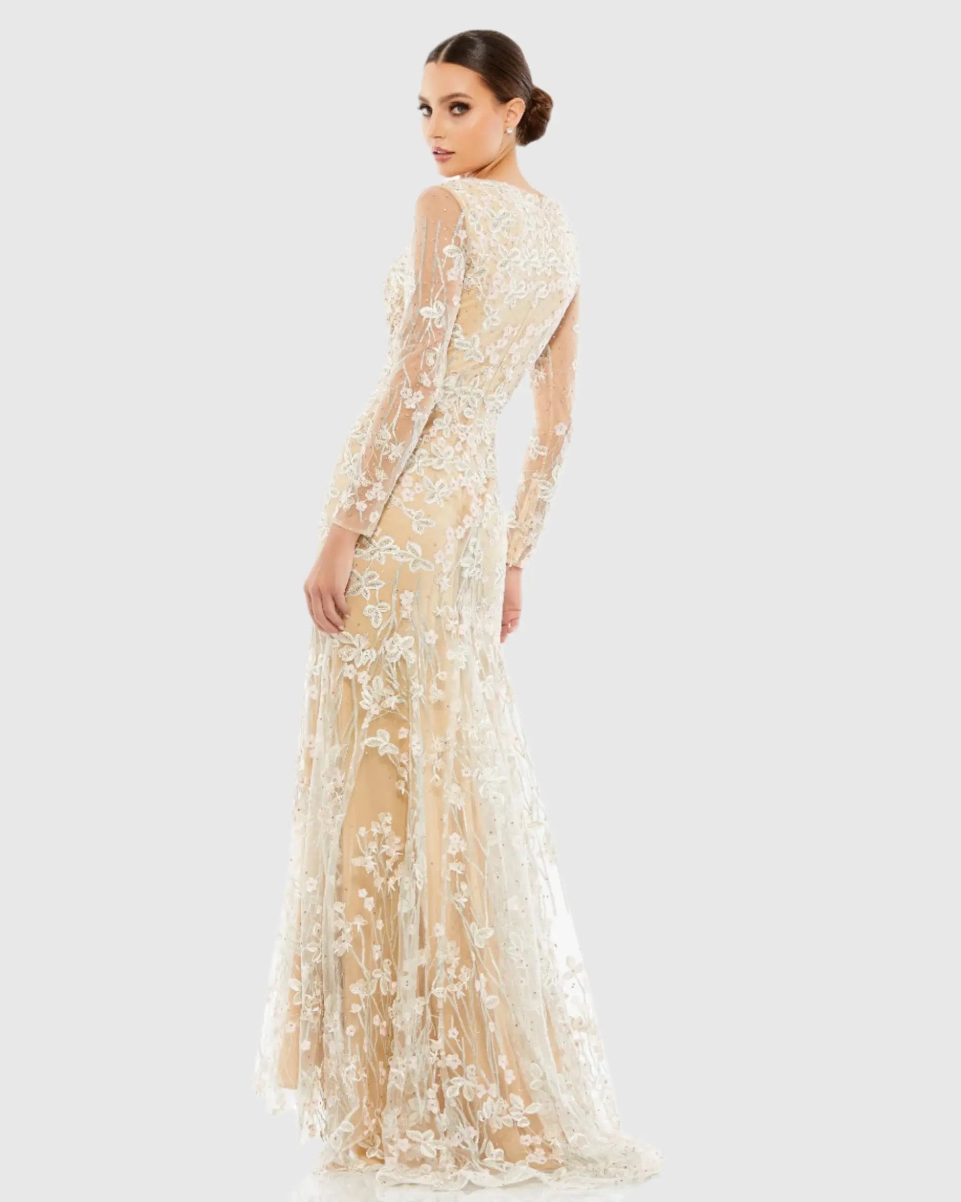 Beige Embroidered V Neck Long Sleeve Trumpet Gown - FINAL SALE-Myartka