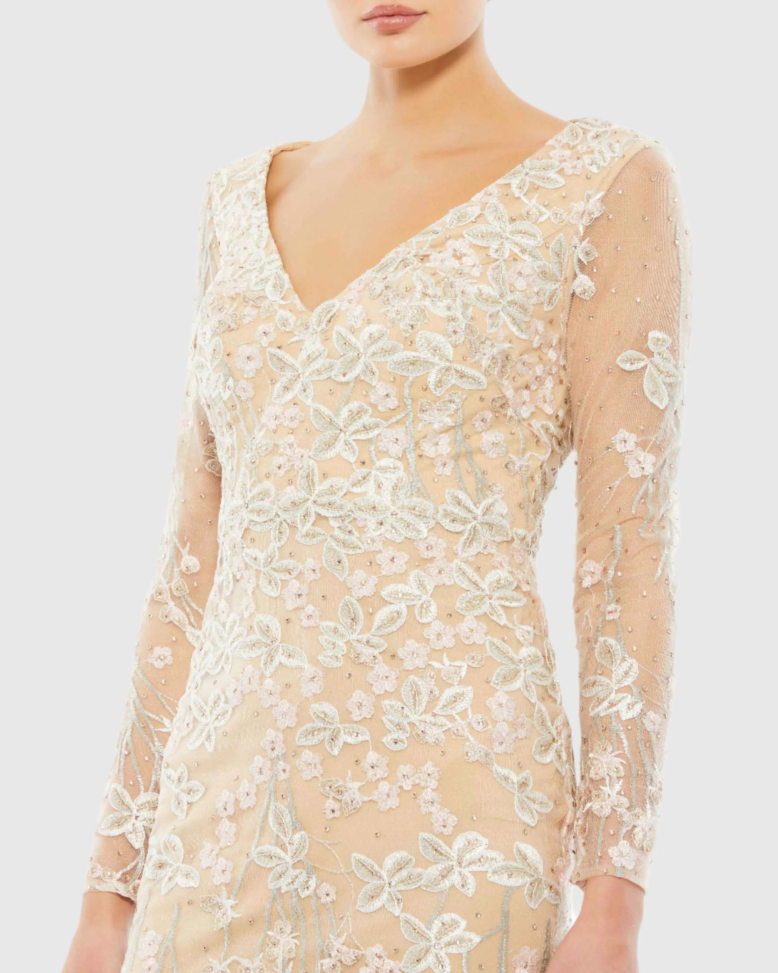 Beige Embroidered V Neck Long Sleeve Trumpet Gown - FINAL SALE-Myartka