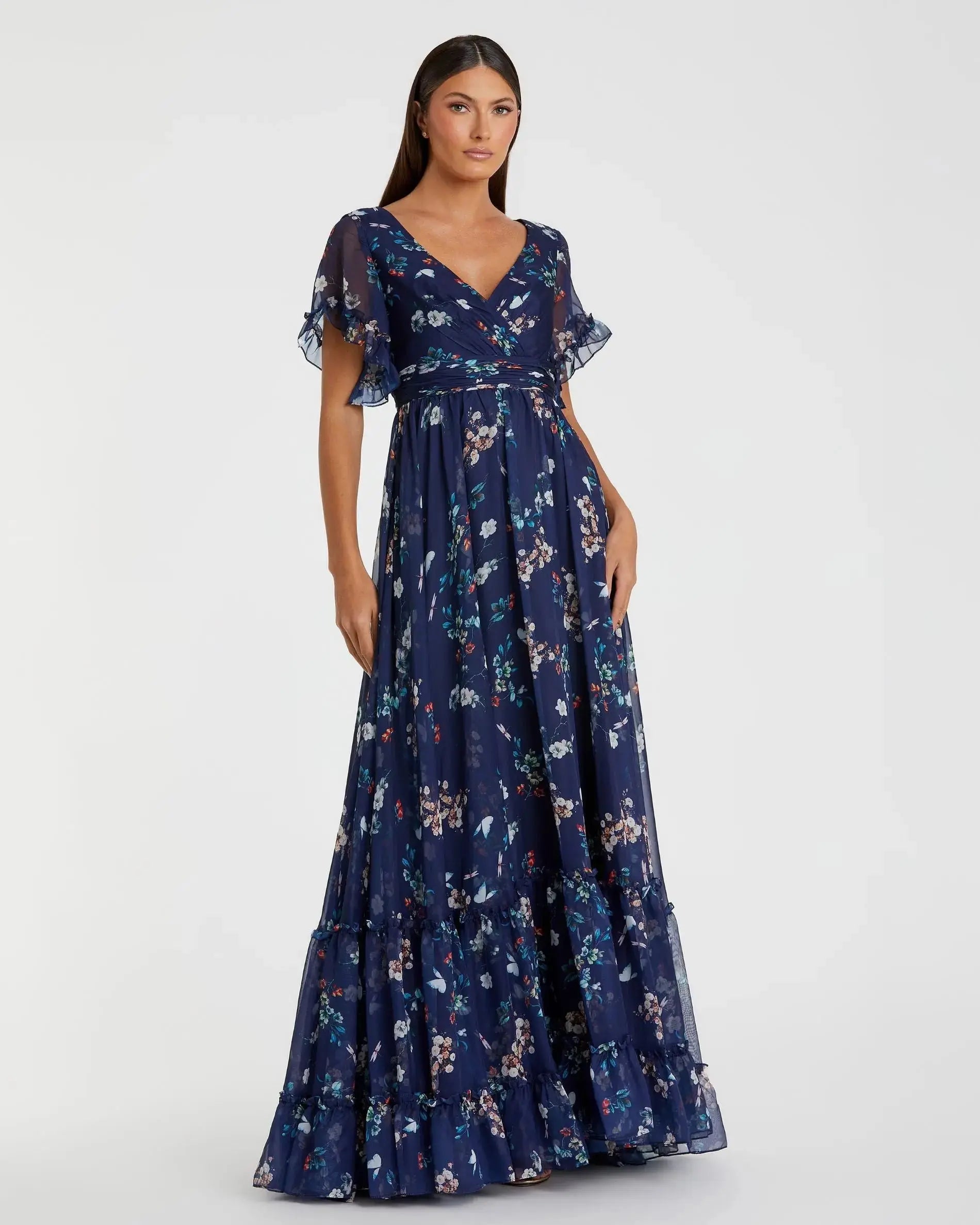 Multicolor Flounce Sleeve Floral Maxi Dress-Myartka