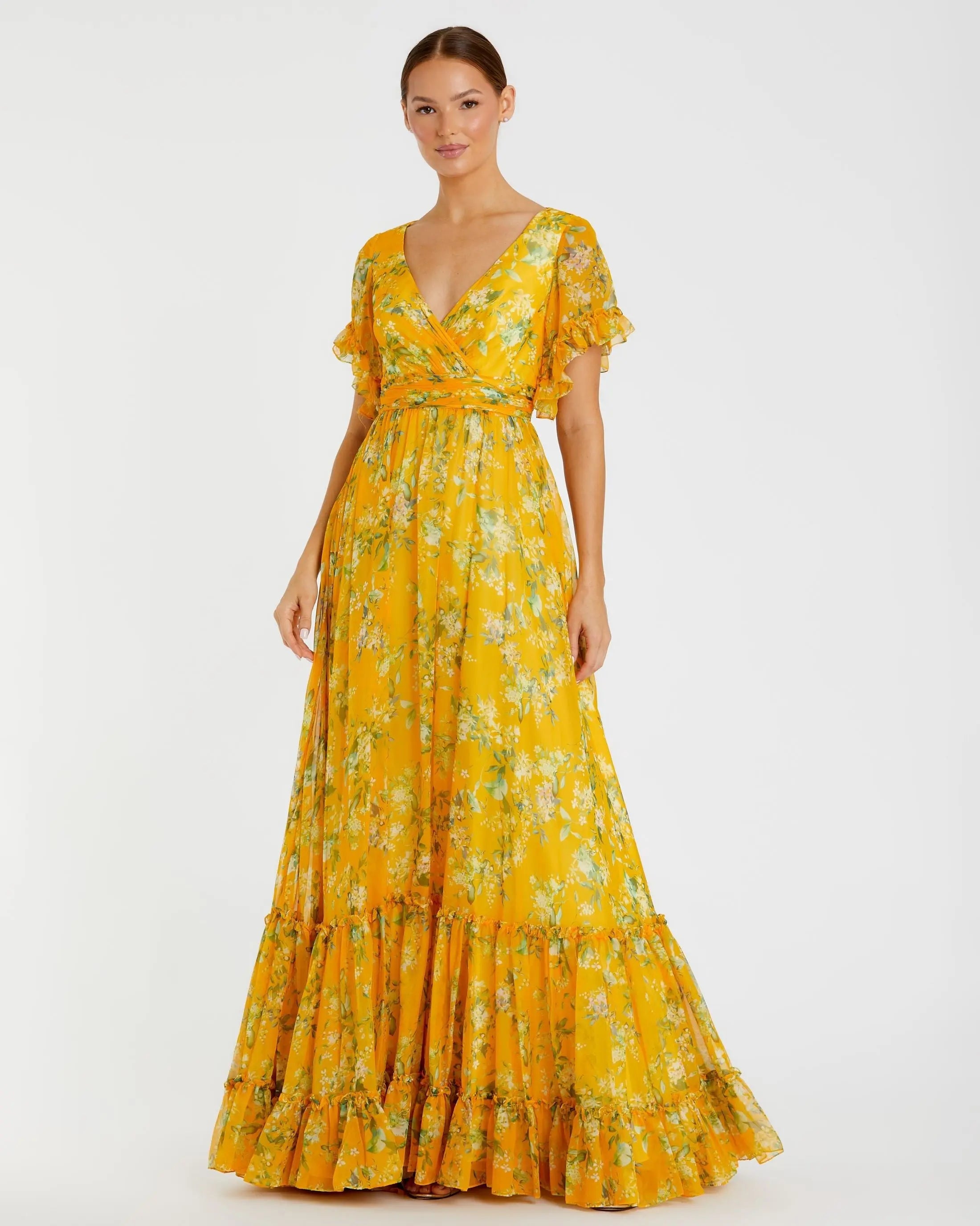 Yellow Multicolor Flounce Sleeve Floral Maxi Dress-Myartka