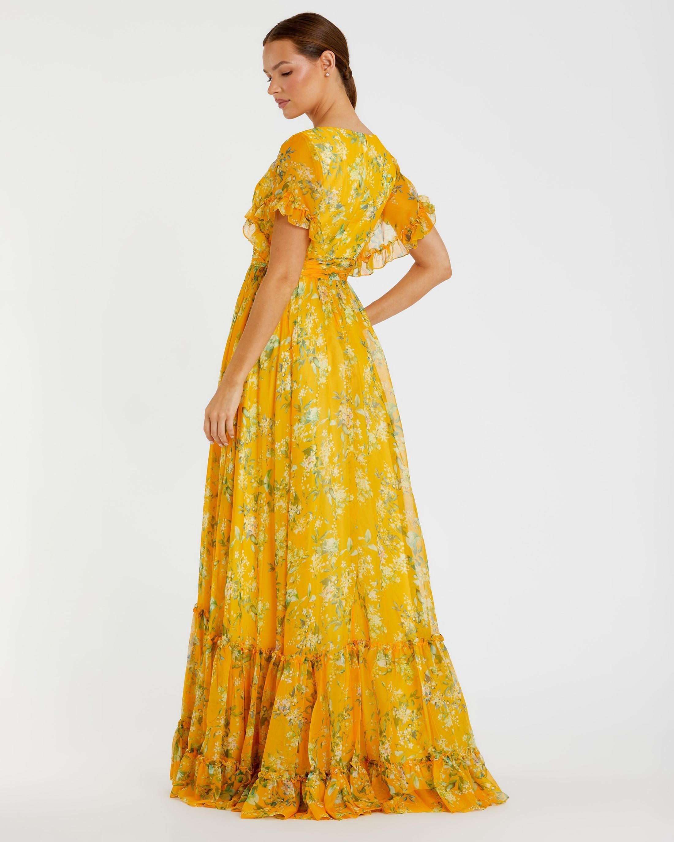 Yellow Multicolor Flounce Sleeve Floral Maxi Dress-Myartka