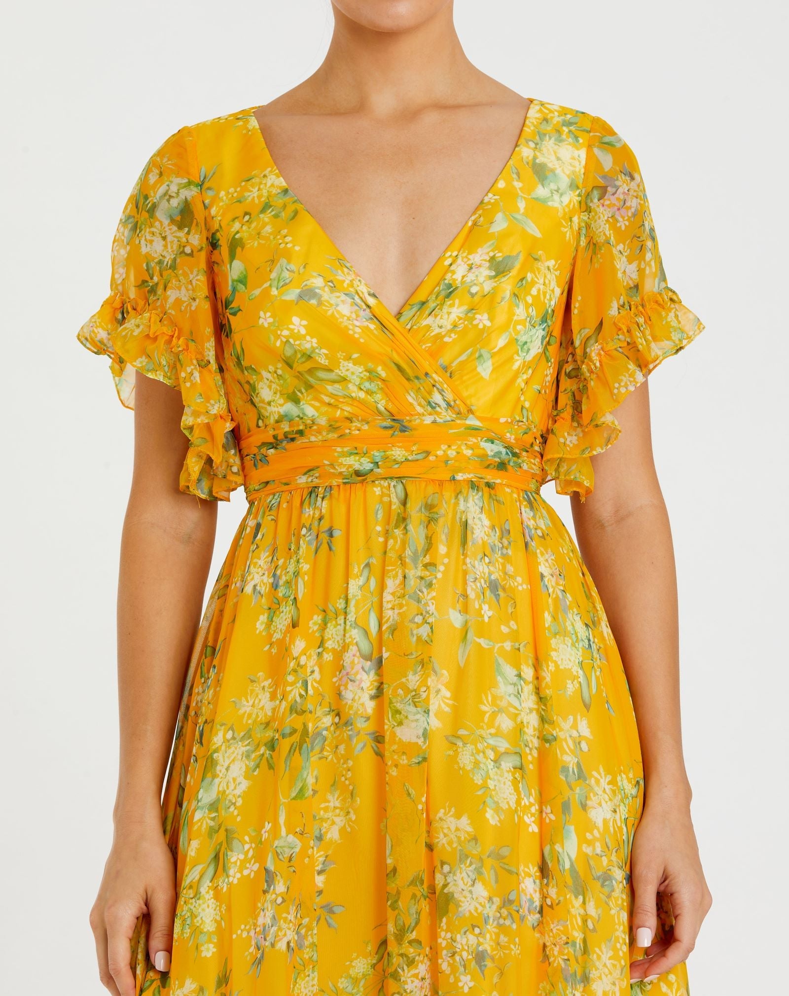 Yellow Multicolor Flounce Sleeve Floral Maxi Dress-Myartka