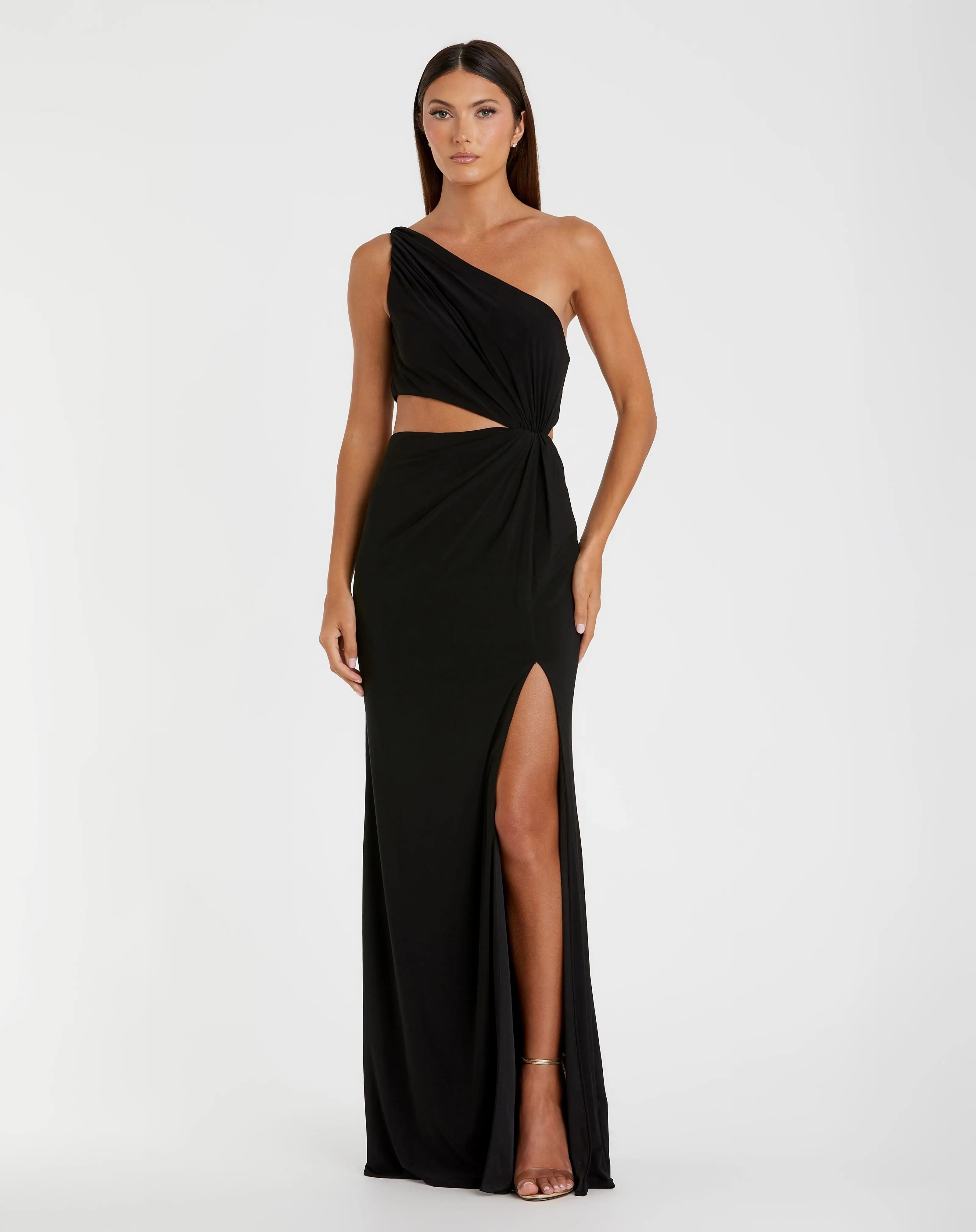 Black One Shoulder Ruched Cut Out Jersey Gown-Myartka