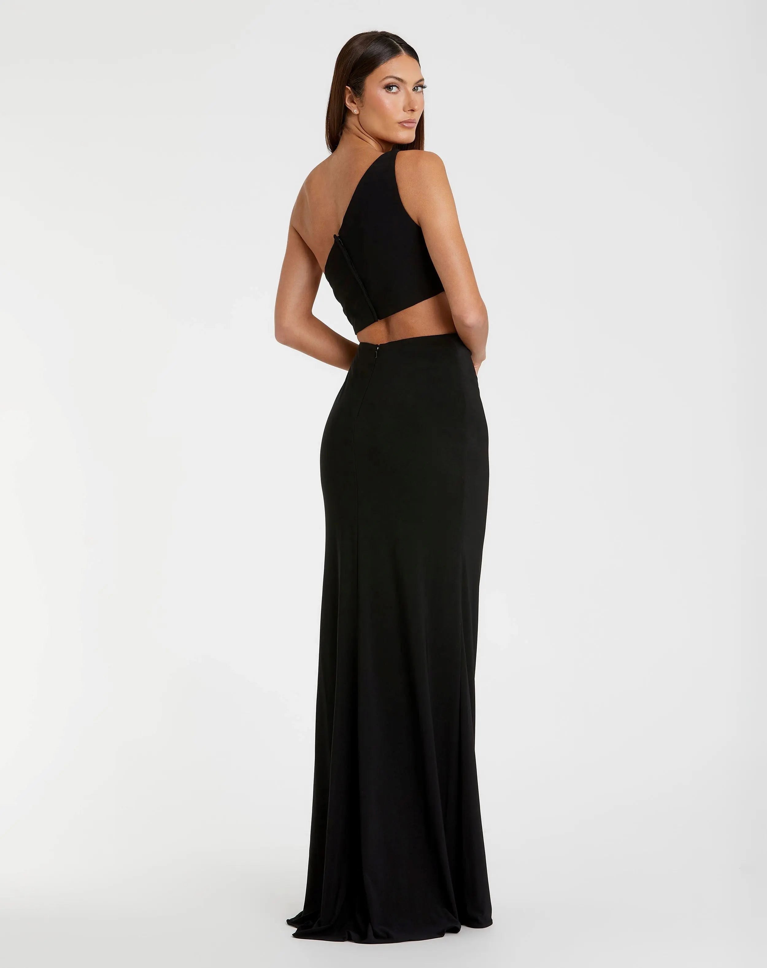 Black One Shoulder Ruched Cut Out Jersey Gown-Myartka