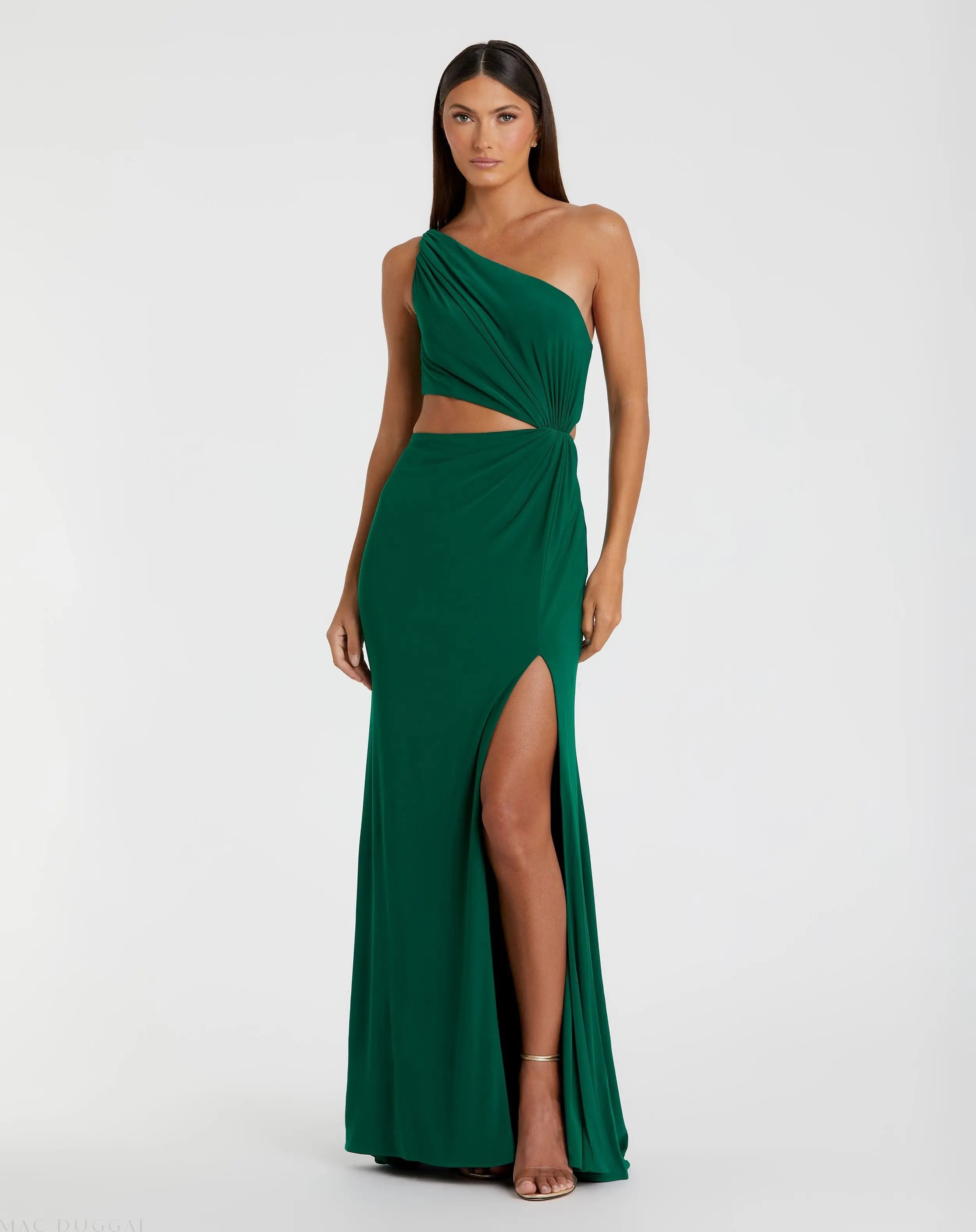 Green One Shoulder Ruched Cut Out Jersey Gown-Myartka