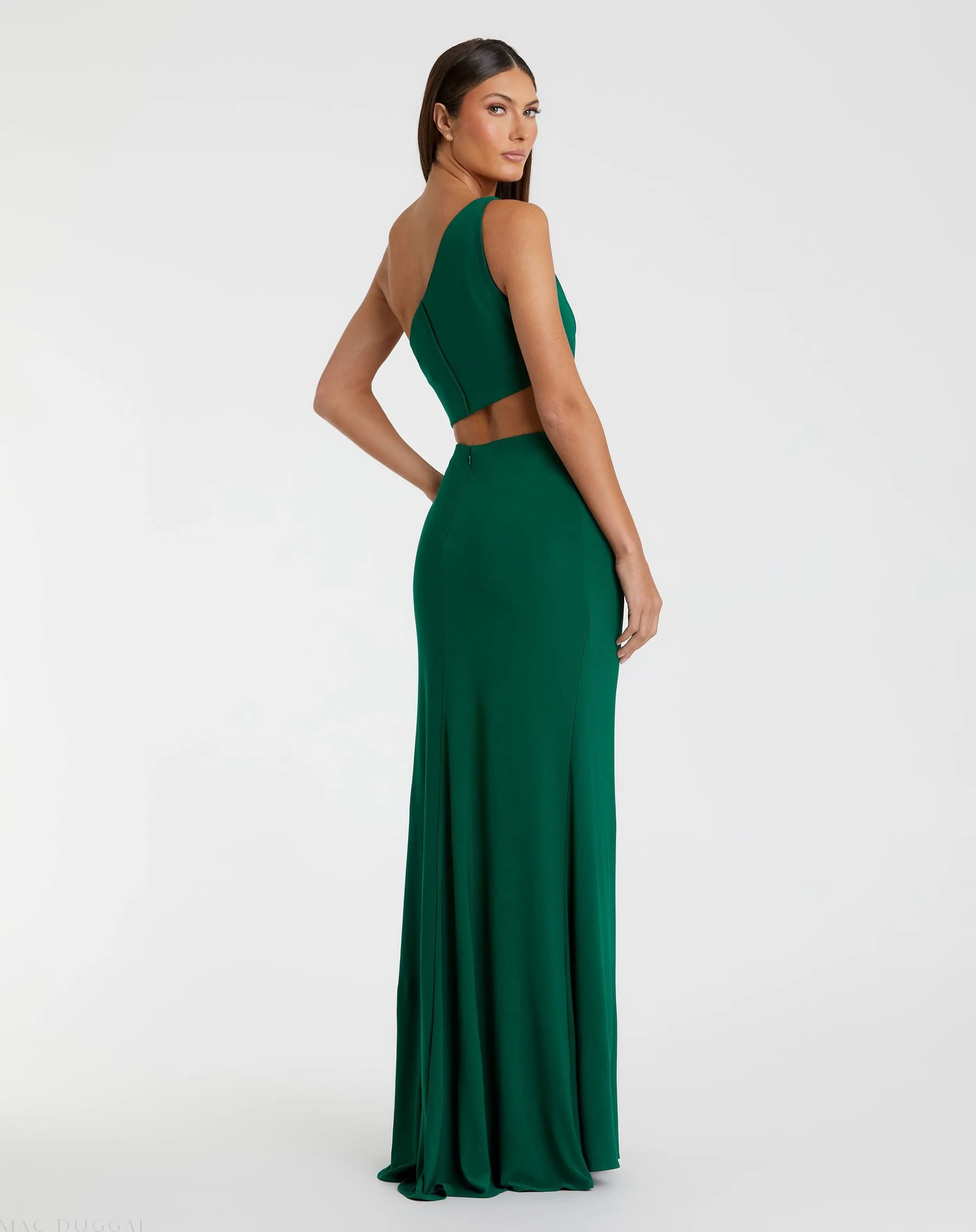 Green One Shoulder Ruched Cut Out Jersey Gown-Myartka