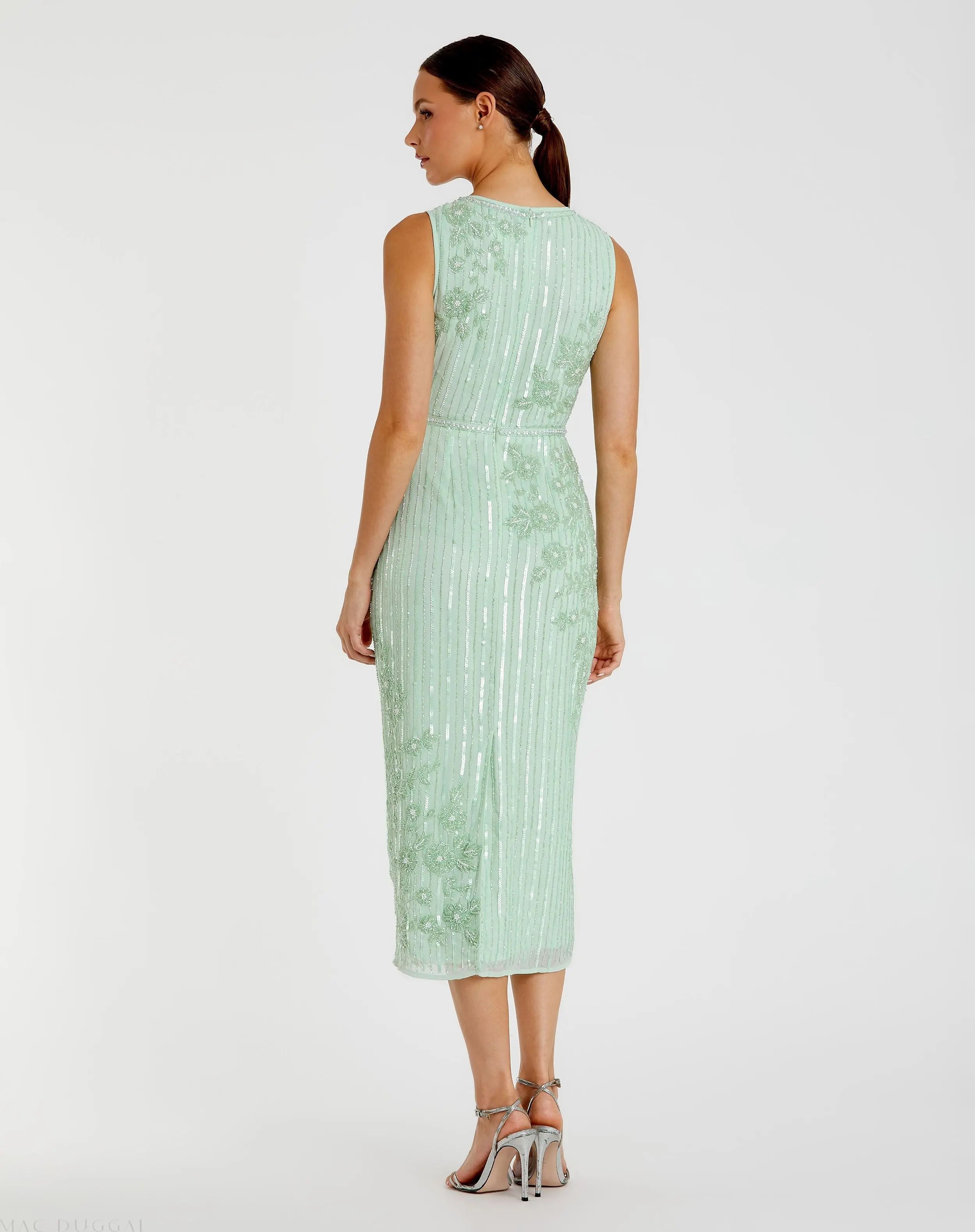 Green Striped Floral Embellished Sleeveless Midi Dress-Myartka