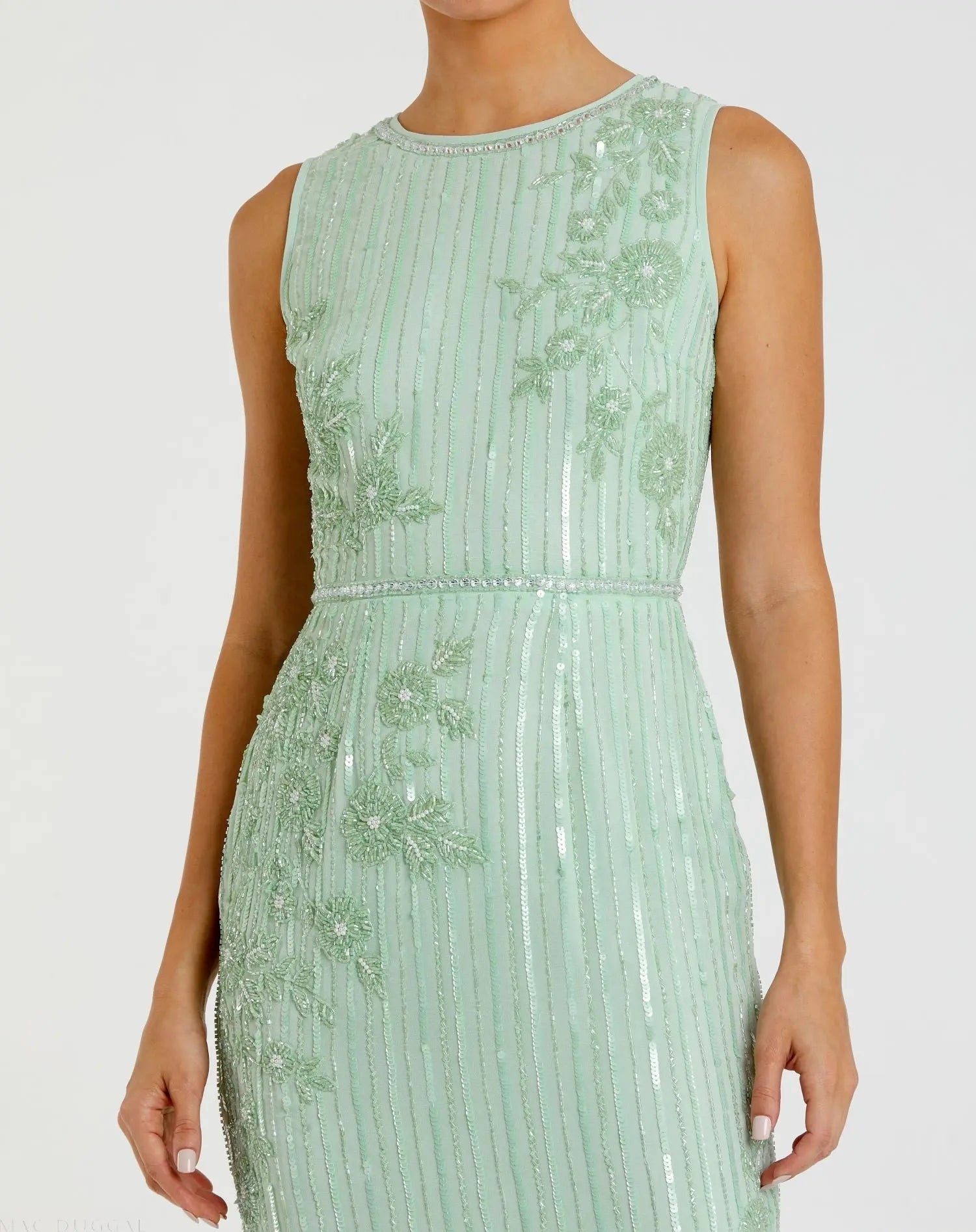Green Striped Floral Embellished Sleeveless Midi Dress-Myartka