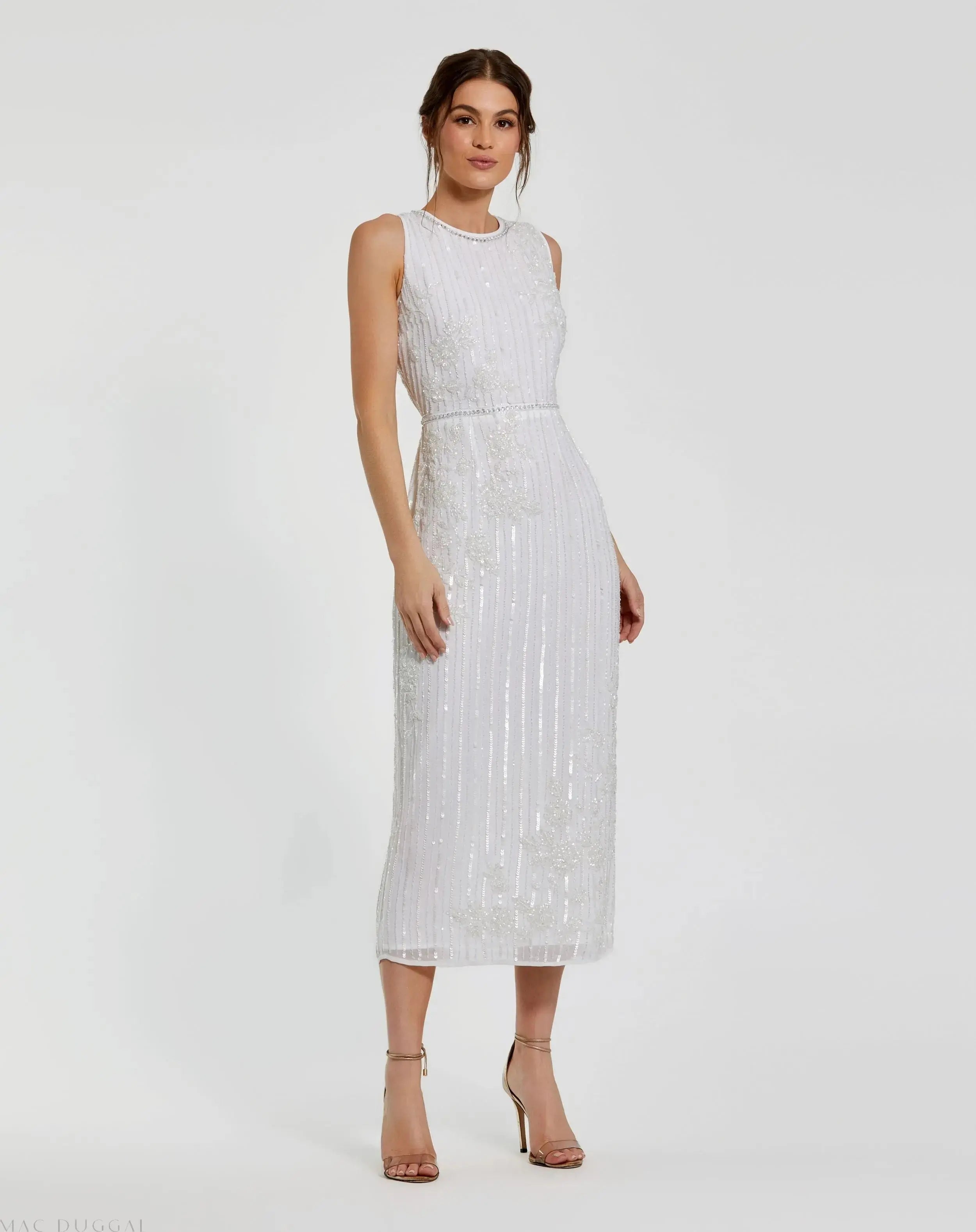 Striped Floral Embellished Sleeveless Midi Dress-Myartka