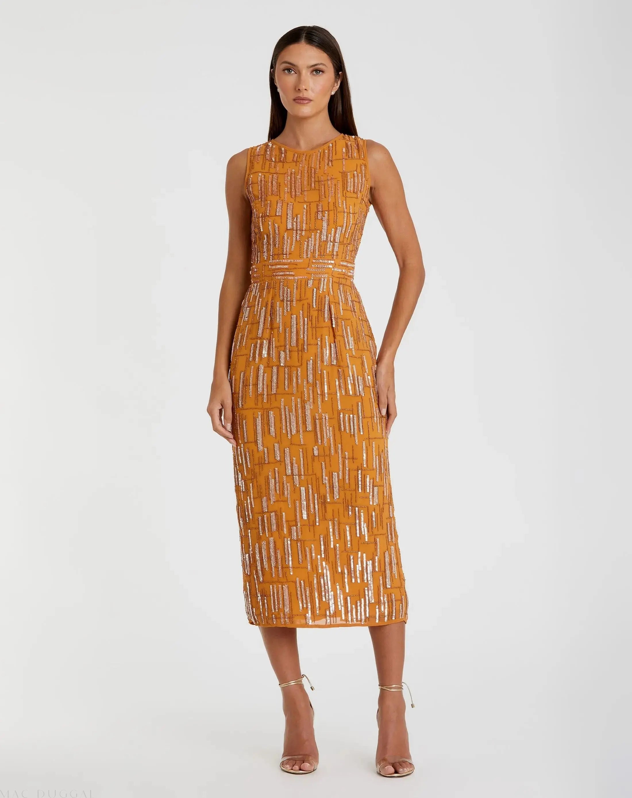 Abstract Beaded Sleeveless Midi Sheath Dress-Myartka