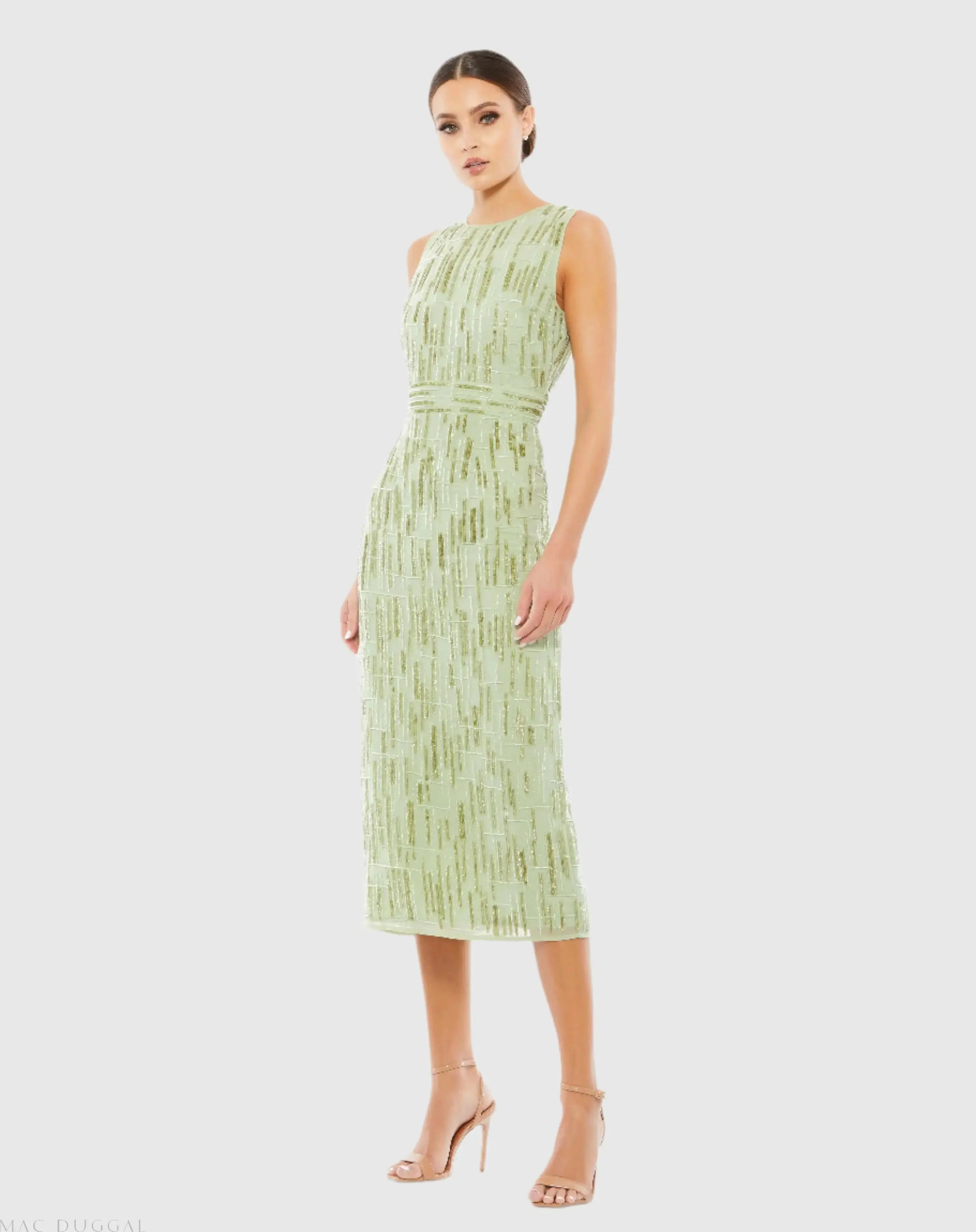 Green Abstract Beaded Sleeveless Midi Sheath Dress-Myartka