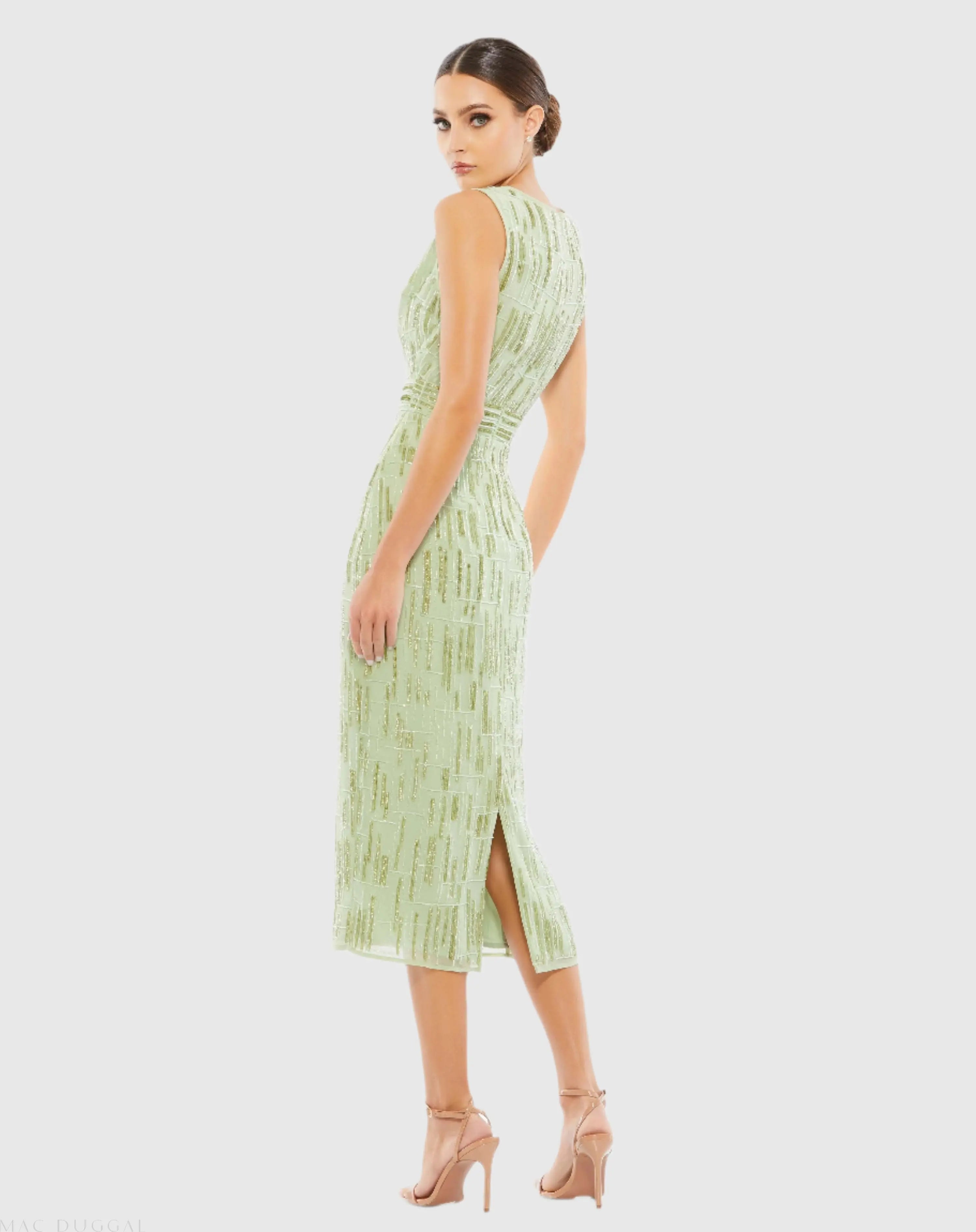 Green Abstract Beaded Sleeveless Midi Sheath Dress-Myartka