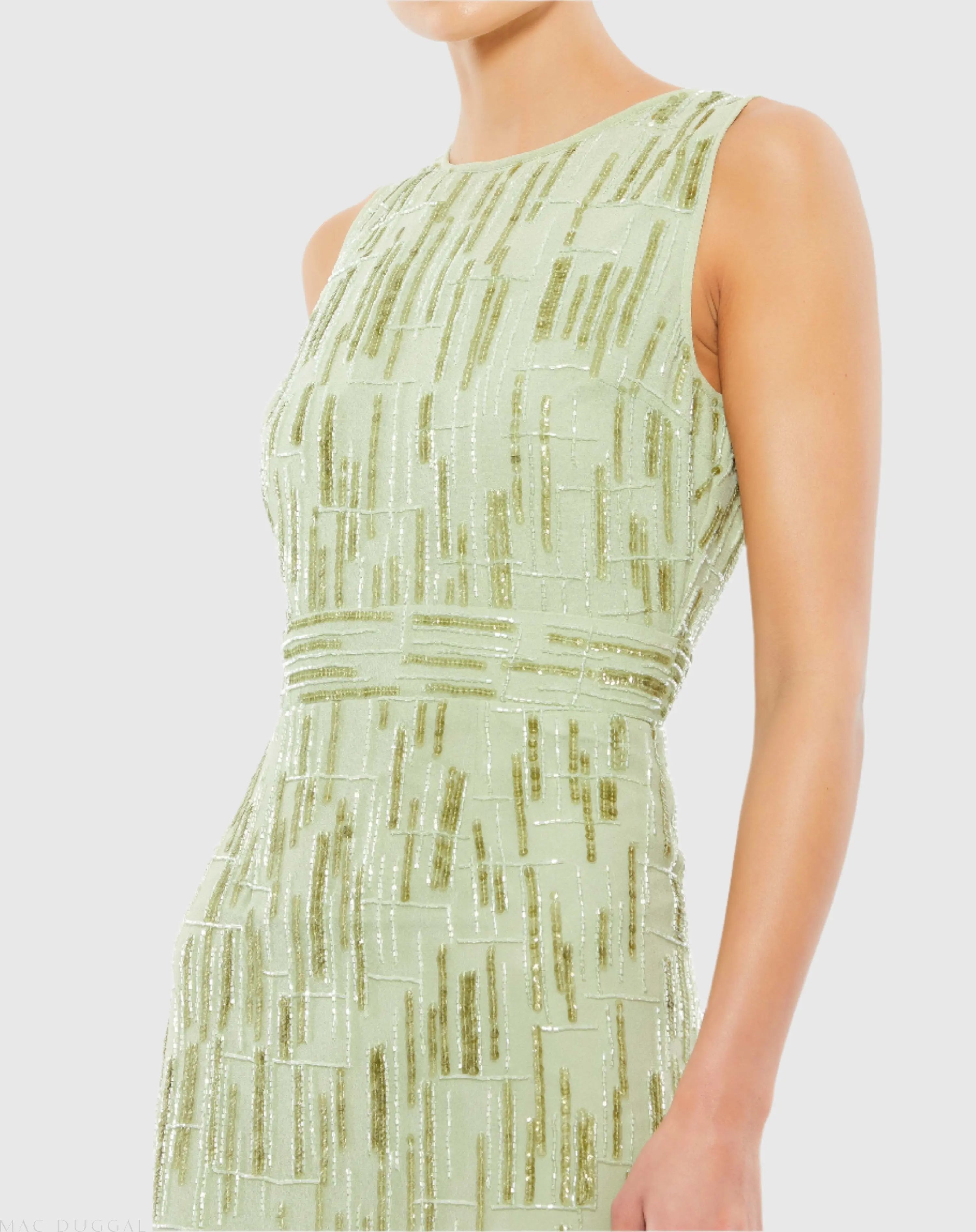Green Abstract Beaded Sleeveless Midi Sheath Dress-Myartka