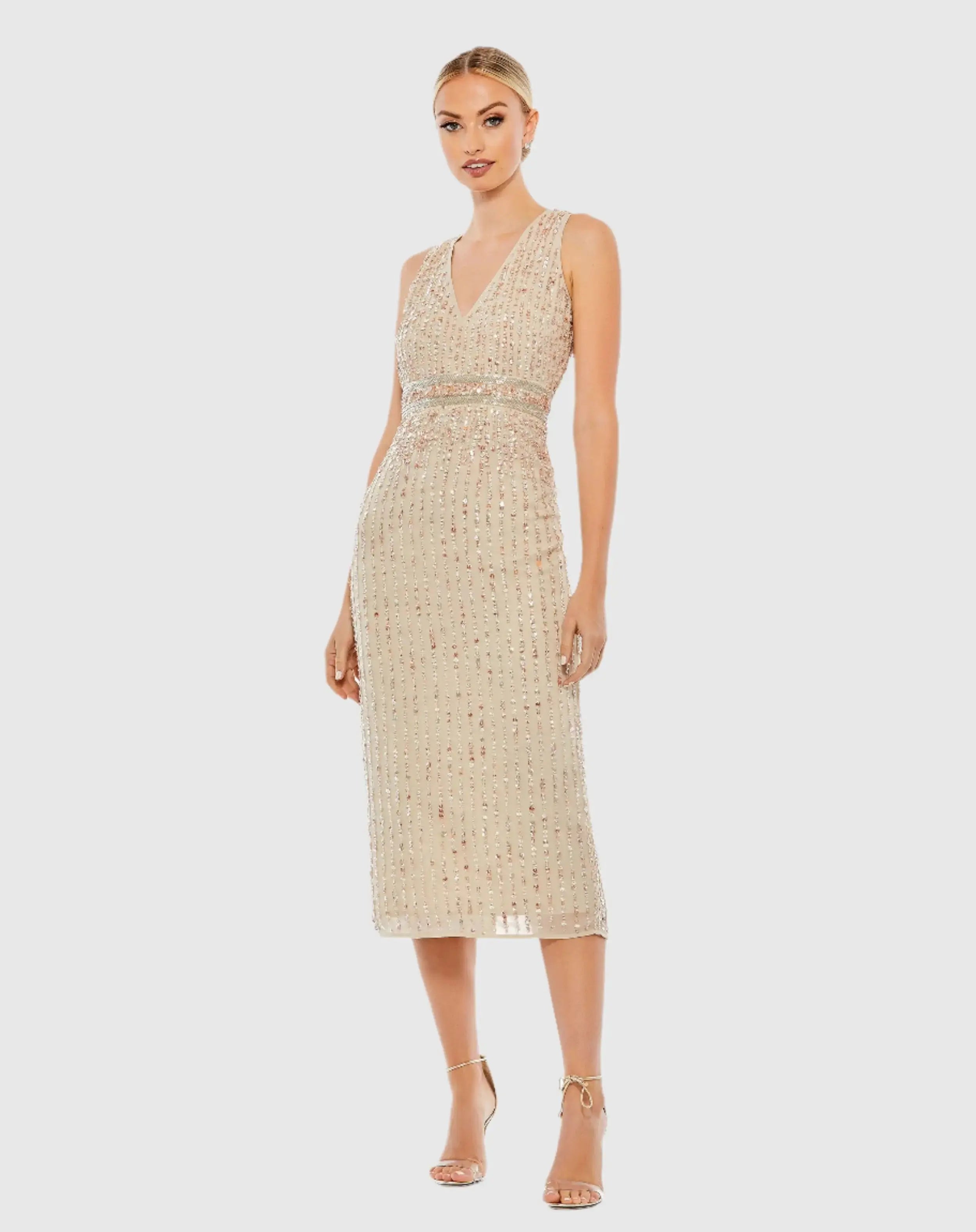 Beige Sequined Sleeveless V-Neck Midi Sheath Dress-Myartka