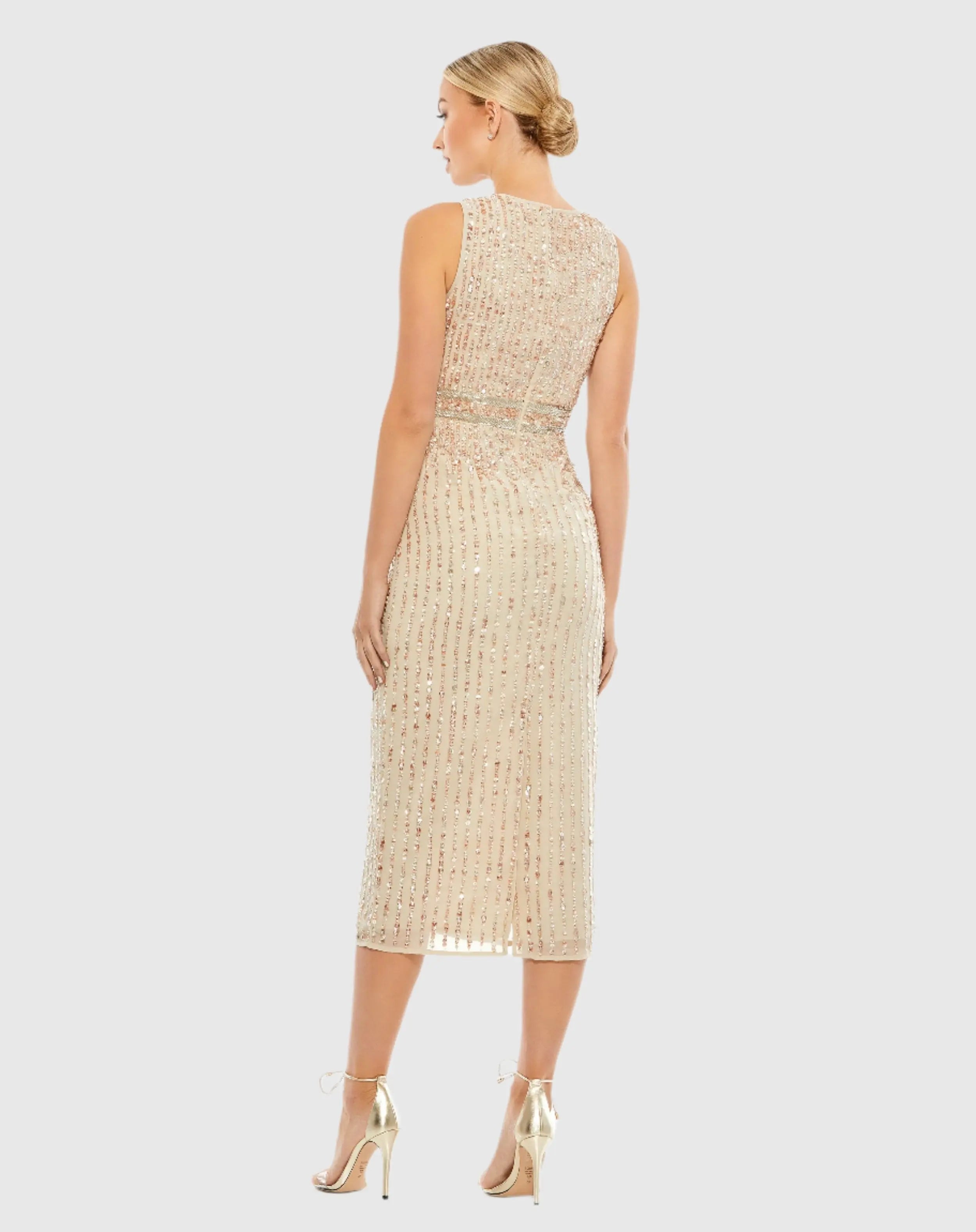 Beige Sequined Sleeveless V-Neck Midi Sheath Dress-Myartka