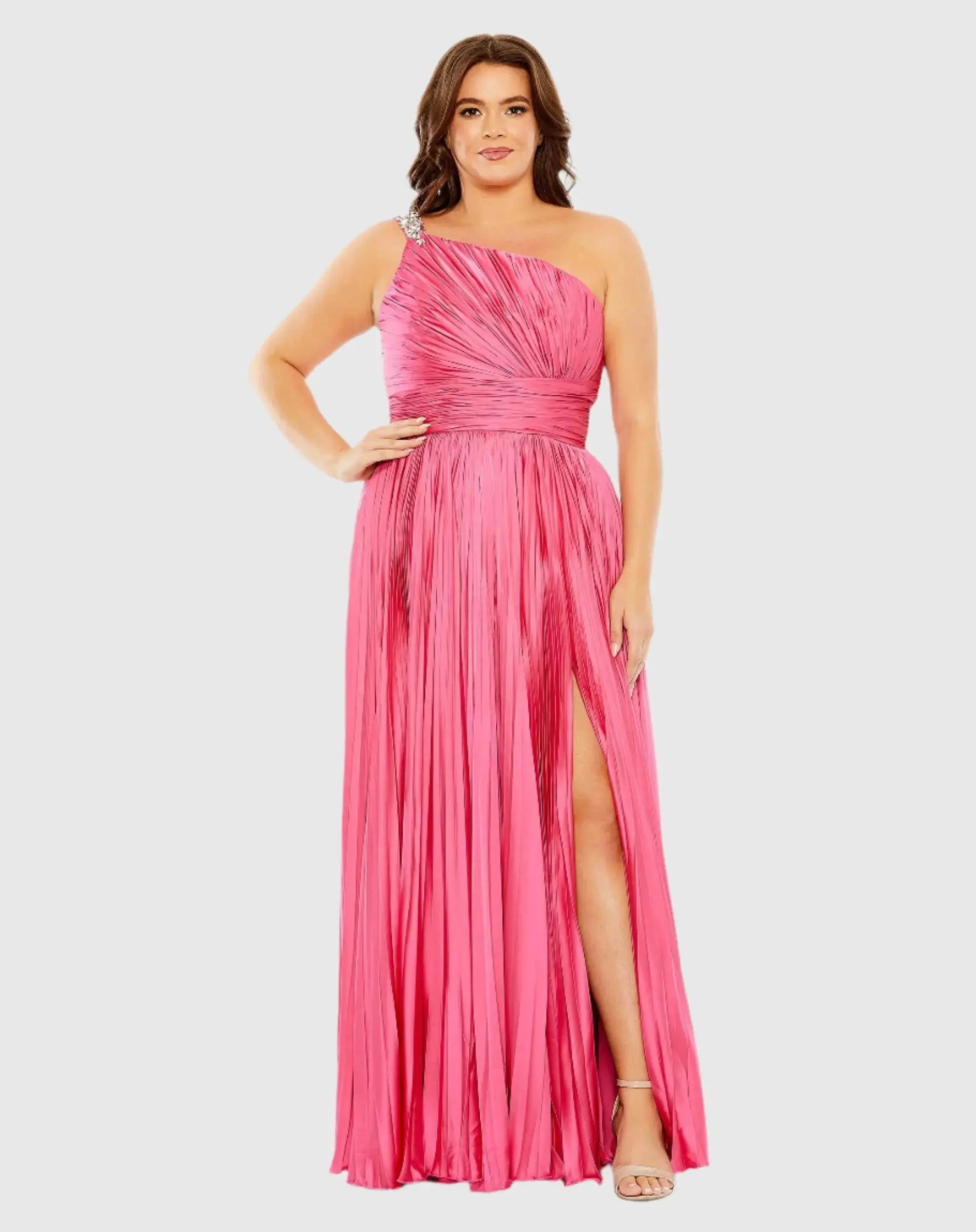 One Shoulder Embellished Pleated Sleeveless Gown-Myartka