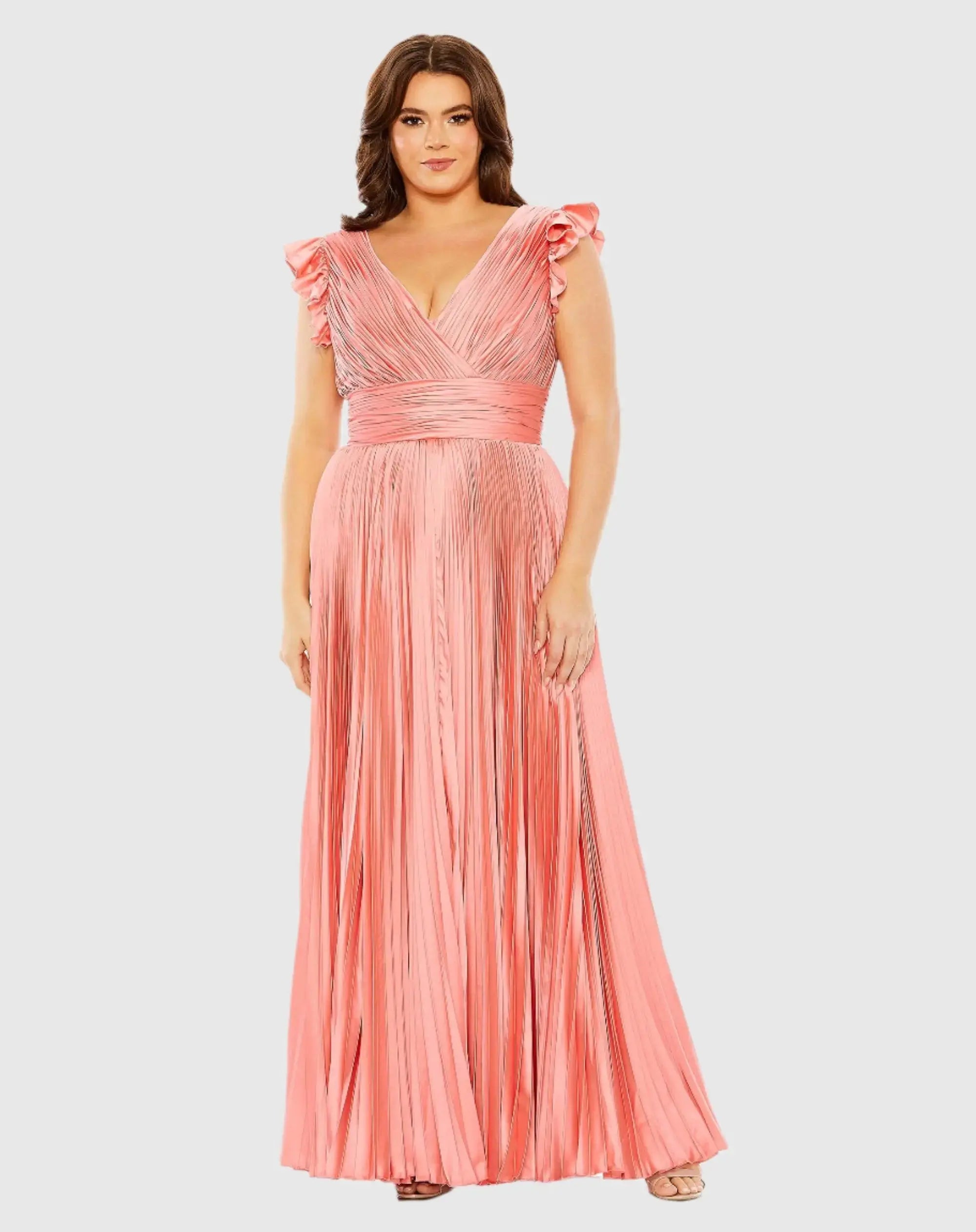 Pink Flutter Sleeve Pleated V-Neck Gown (Plus)-Myartka